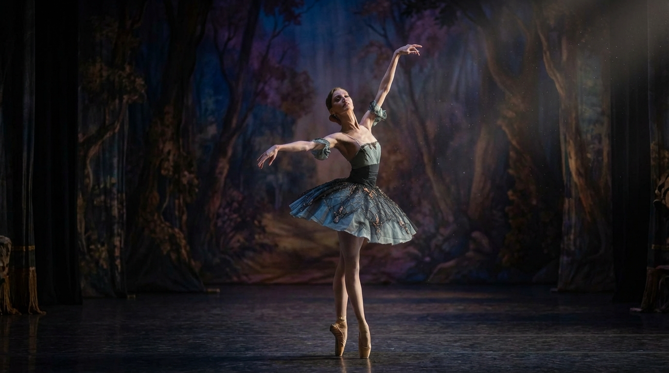 Elegant ballerina performing on a theater stage under dramatic lighting.