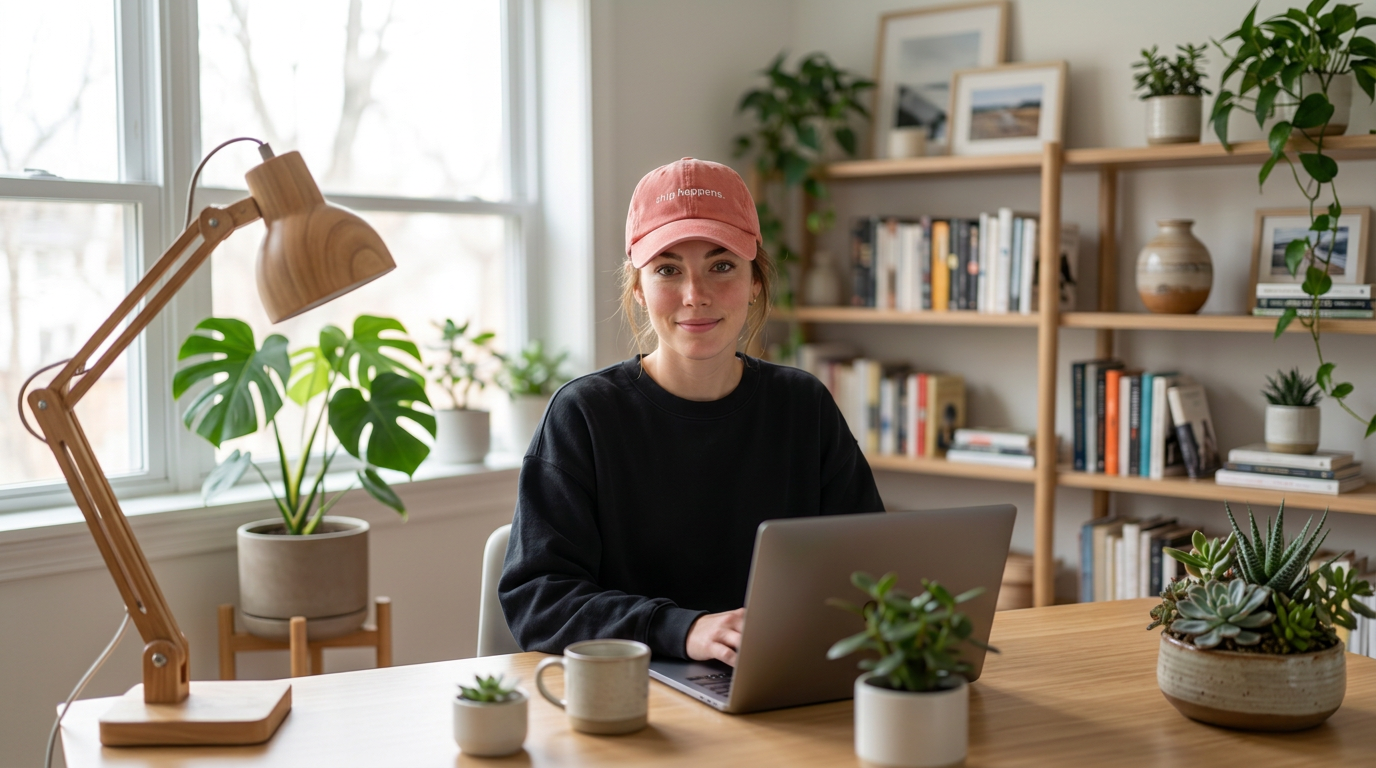 Creator working at a desk while wearing the ‘Ship Happens’ each::labs cap, representing a social media campaign concept generated with Nano Banana 2.
