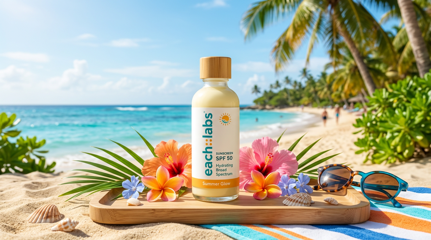 AI-generated product photography of an each::labs SPF 50 sunscreen placed on a tropical beach setup with flowers, sunglasses, and ocean scenery. Generated with Nano Banana 2.