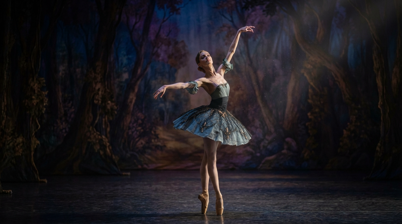  A photorealistic ballet performance with precise body posture, tutu fabric detail, and dramatic stage lighting preserved across every frame of natural movement.