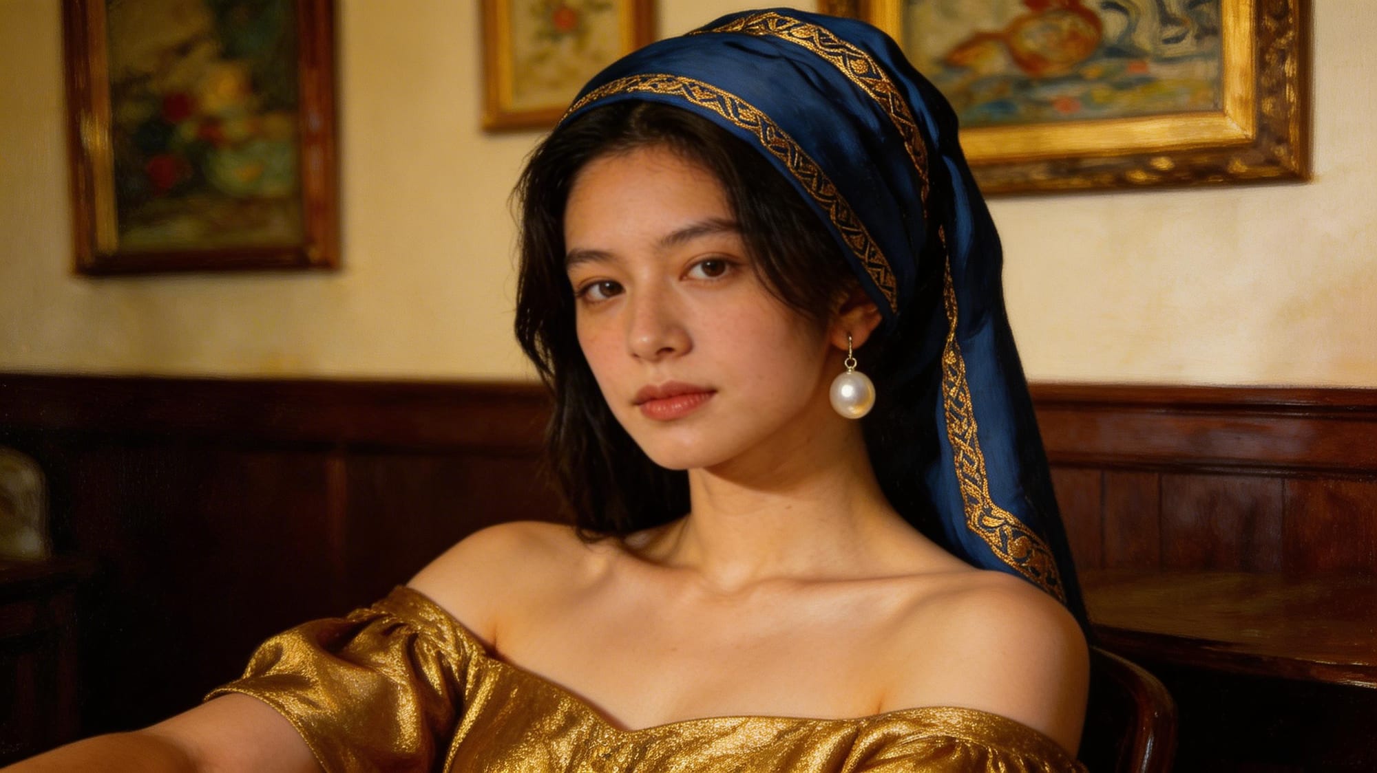 Gold brocade, blue silk headdress, warm candlelit interior: Bytedance Seedream V5 Lite Edit places a contemporary subject inside a Renaissance painting's lighting logic without breaking the period consistency for a frame.