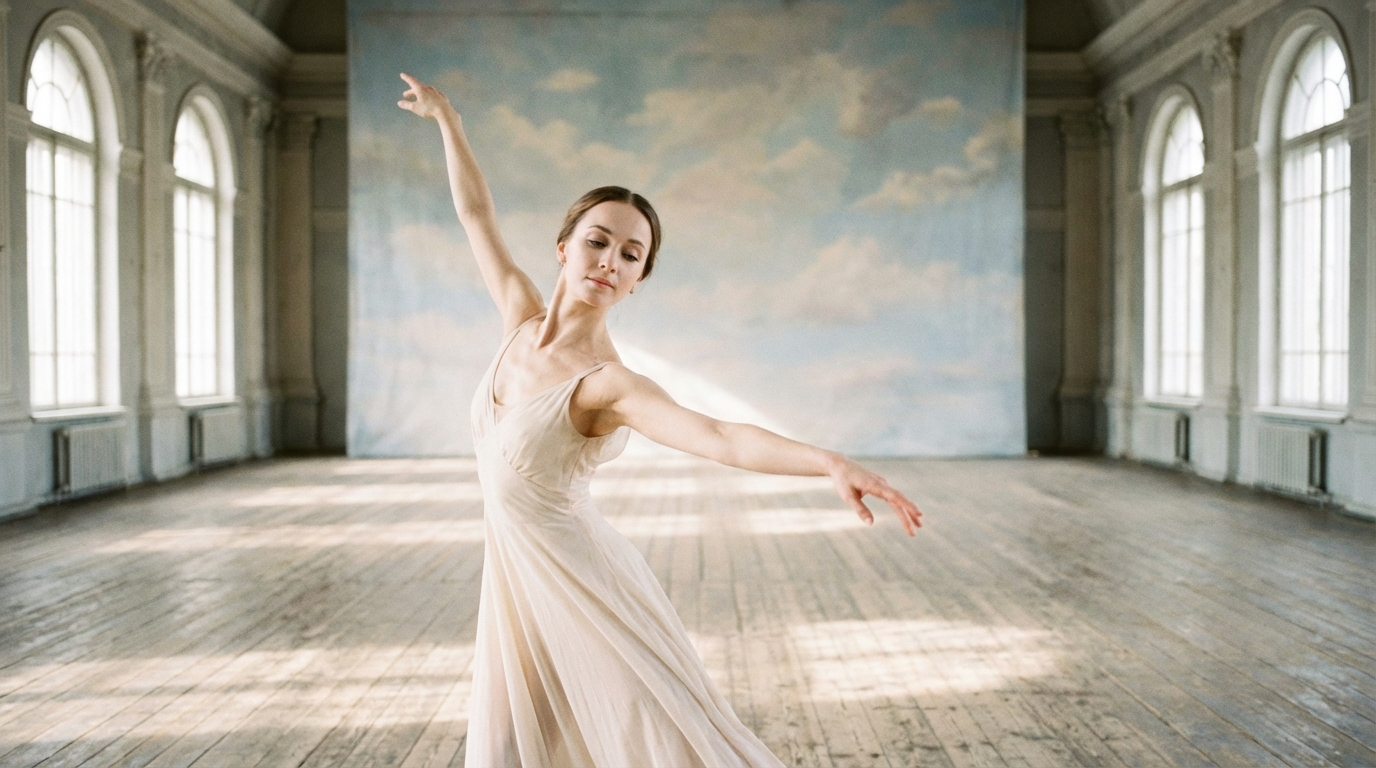 Photograph of a ballerina. Flowing dress physics, arm movement, and natural light from arched windows stay consistent throughout.