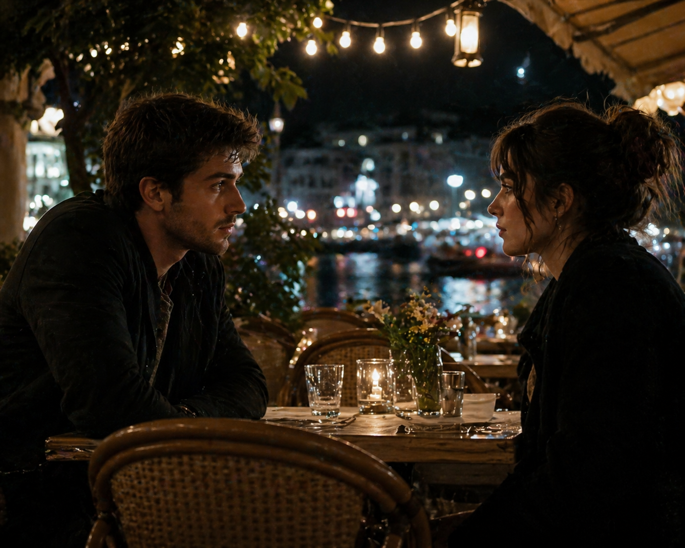 A short, intimate drama unfolds as two people face each other over dinner, their quiet tension revealing unspoken emotions.