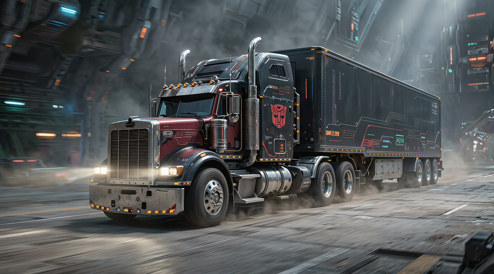 Optimus Prime's heavy-duty truck charges at extreme speed along the city road. 