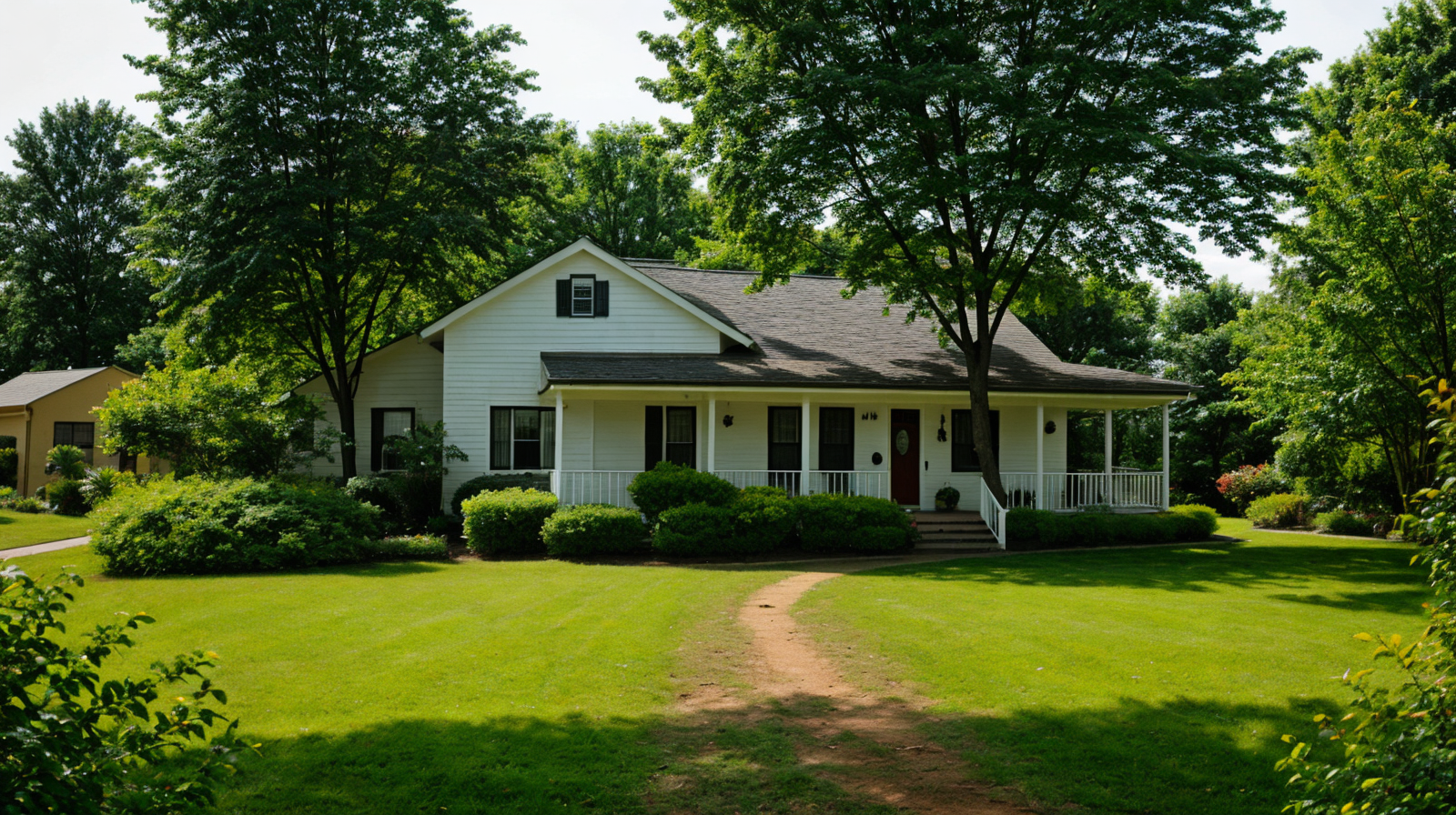 A photorealistic image of a classic white American house surrounded by green trees and lawn, generated using Realistic Vision AI model on Eachlabs