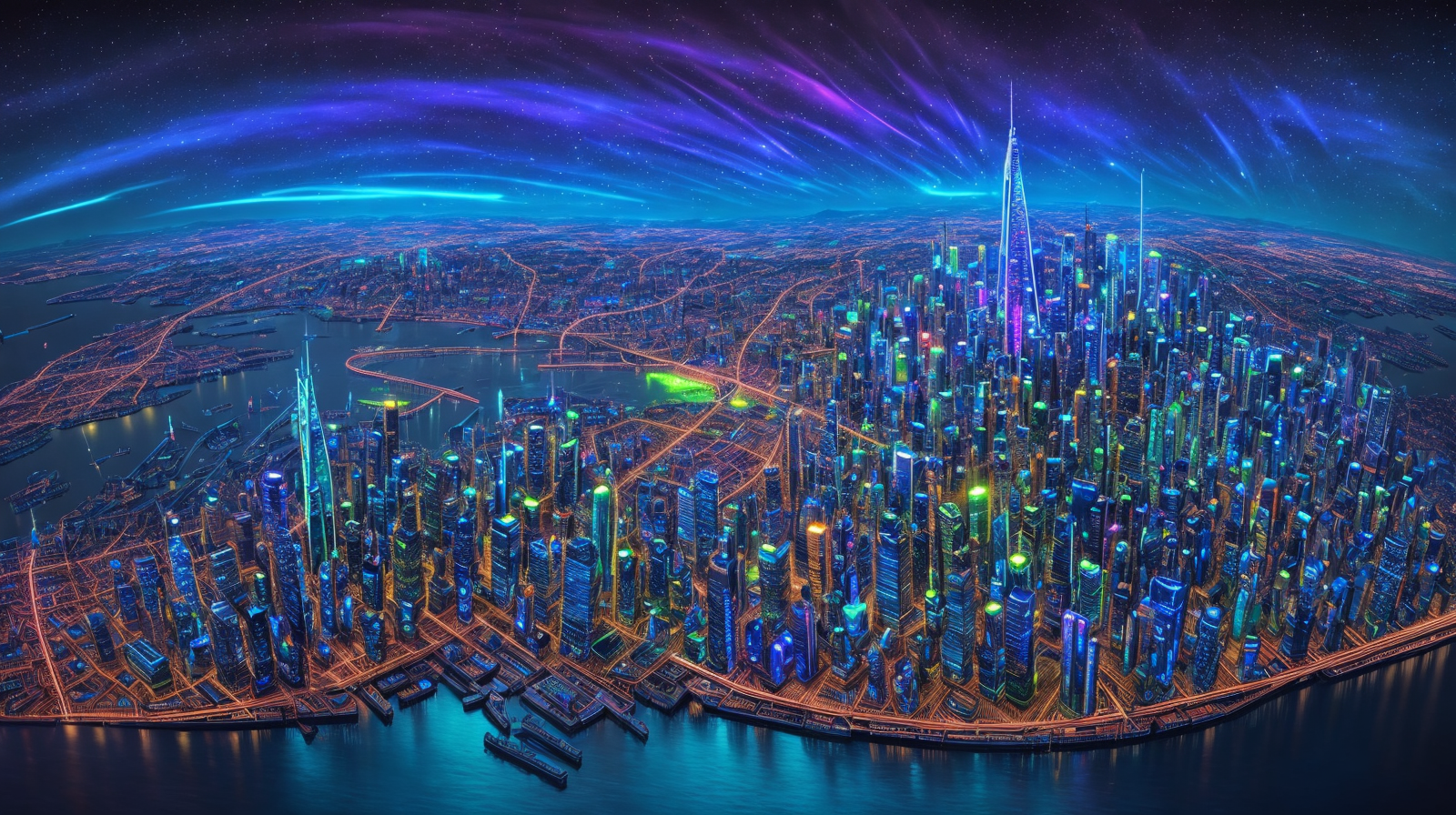 Futuristic neon city skyline at night with aurora sky, generated using Illusion Diffusion on Eachlabs.