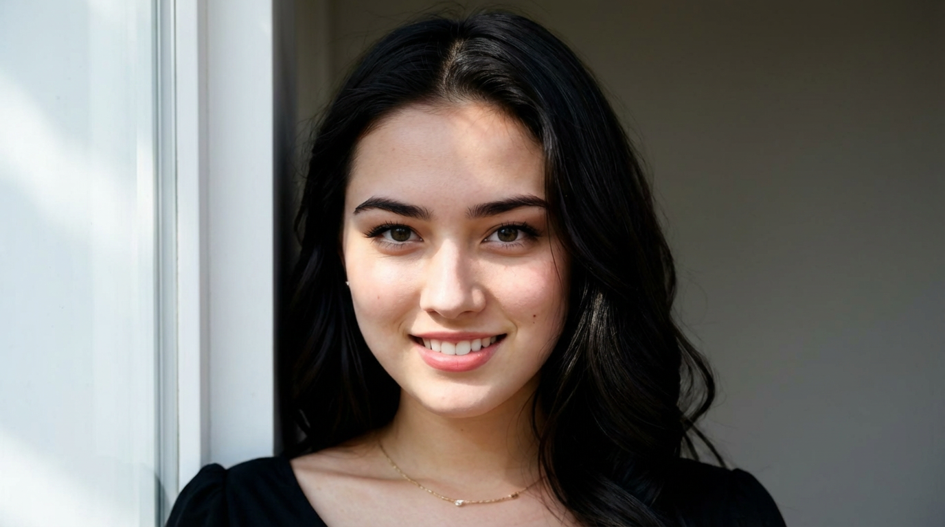 A photorealistic AI-generated portrait of a young woman with natural lighting and soft window light, produced with Realistic Vision on Eachlabs.