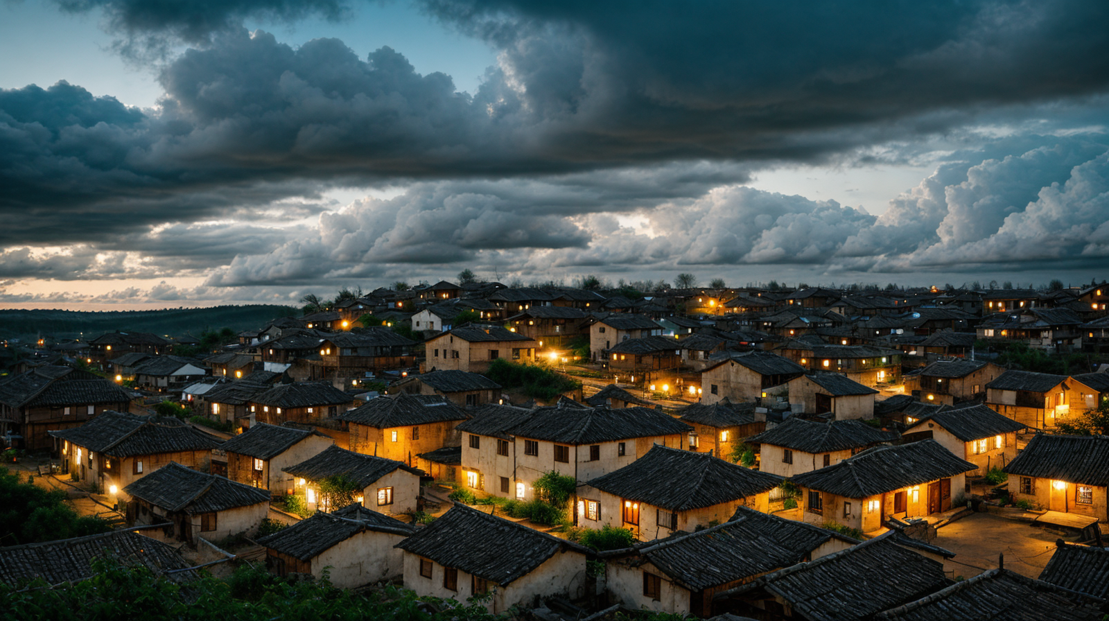 A photorealistic aerial view of an old village at dusk with warm glowing windows and dramatic storm clouds, generated with Realistic Vision on Eachlabs