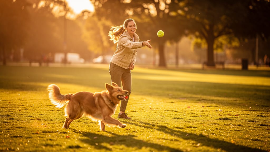 A woman plays fetch with her dog in a sunlit park, captured in warm golden hour light.
