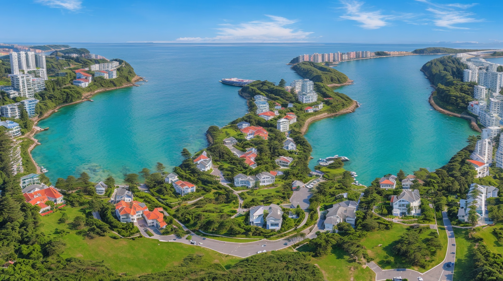 Aerial view of a coastal town with winding roads tracing a hidden spiral pattern, generated with Illusion Diffusion.