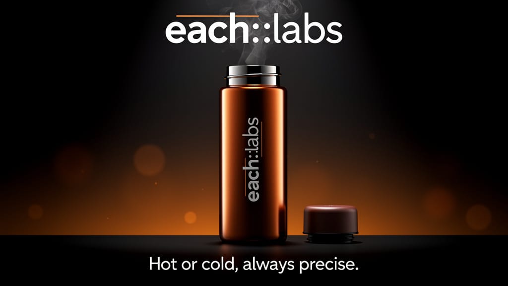 An Eachlabs-branded thermos product shot with dramatic studio lighting, created using Flux 2 Pro image to image on Eachlabs.