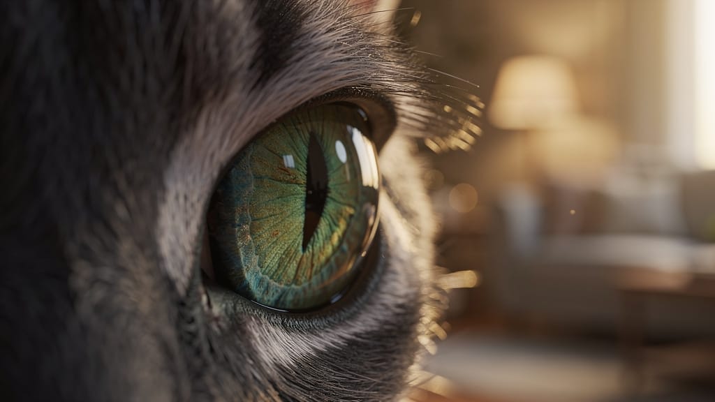 ultra realistic cat’s eye reflecting a soft indoor scene, whiskers slightly visible, warm light in background, subtle fur shadows, hyper-detailed iris texture, calm domestic, cinematic lighting.