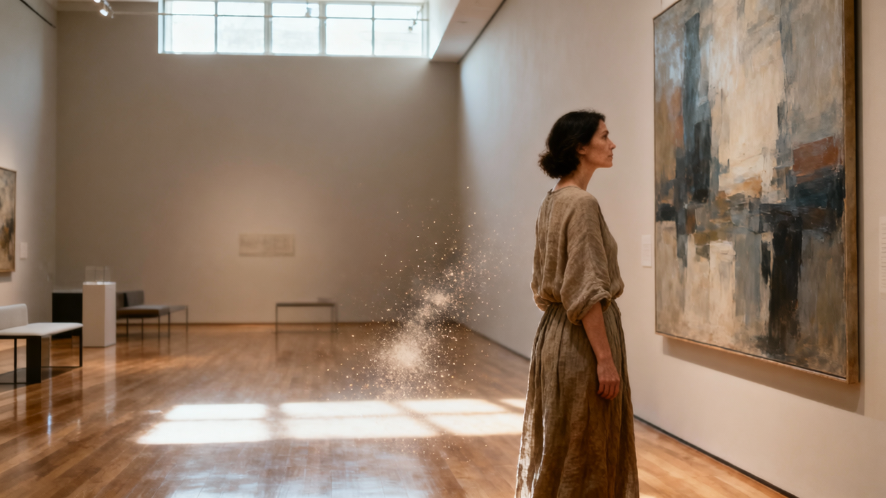 Wan 2.6 Text to Image on Eachlabs generating a photorealistic image of a woman observing a painting in a museum gallery from a text prompt