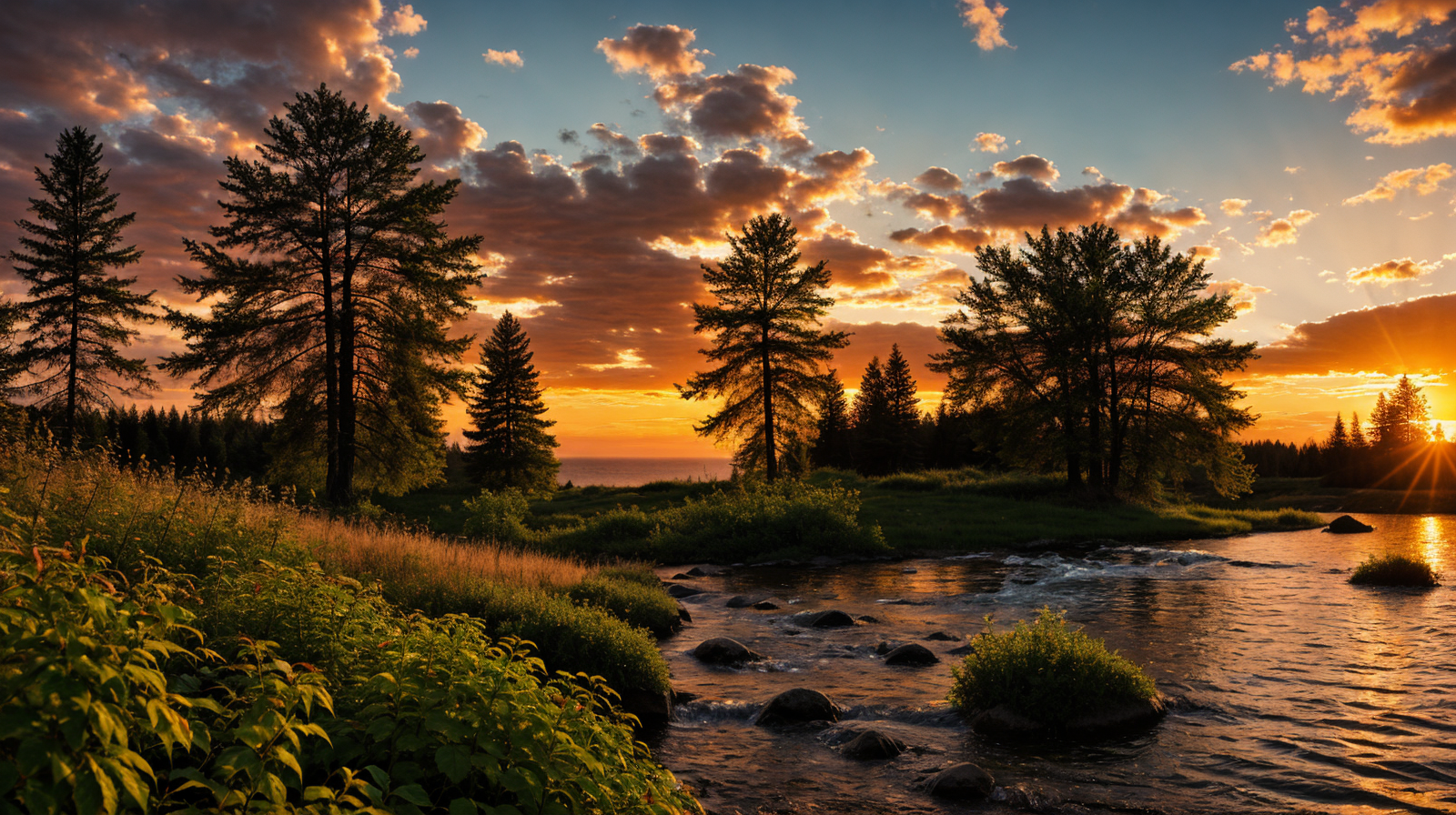 A photorealistic landscape of a forest treeline silhouetted against a vivid orange sunset with a stream in the foreground, created using Realistic Vision AI