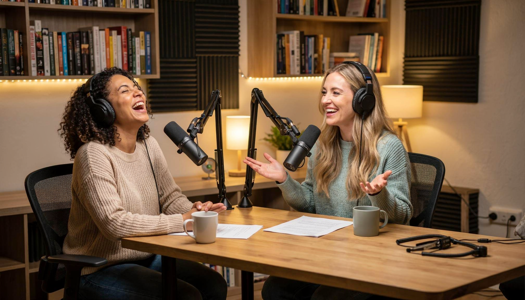 Two persons co-host a podcast session.