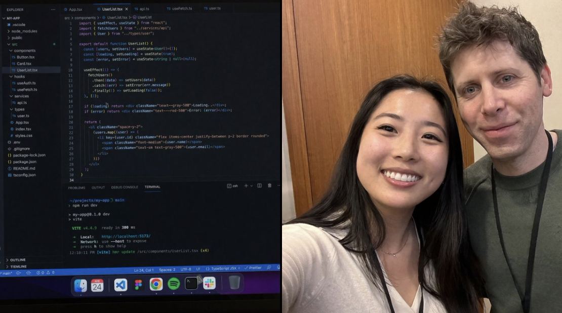 Average engineer's screen and young woman taking selfie with Sam Altman.