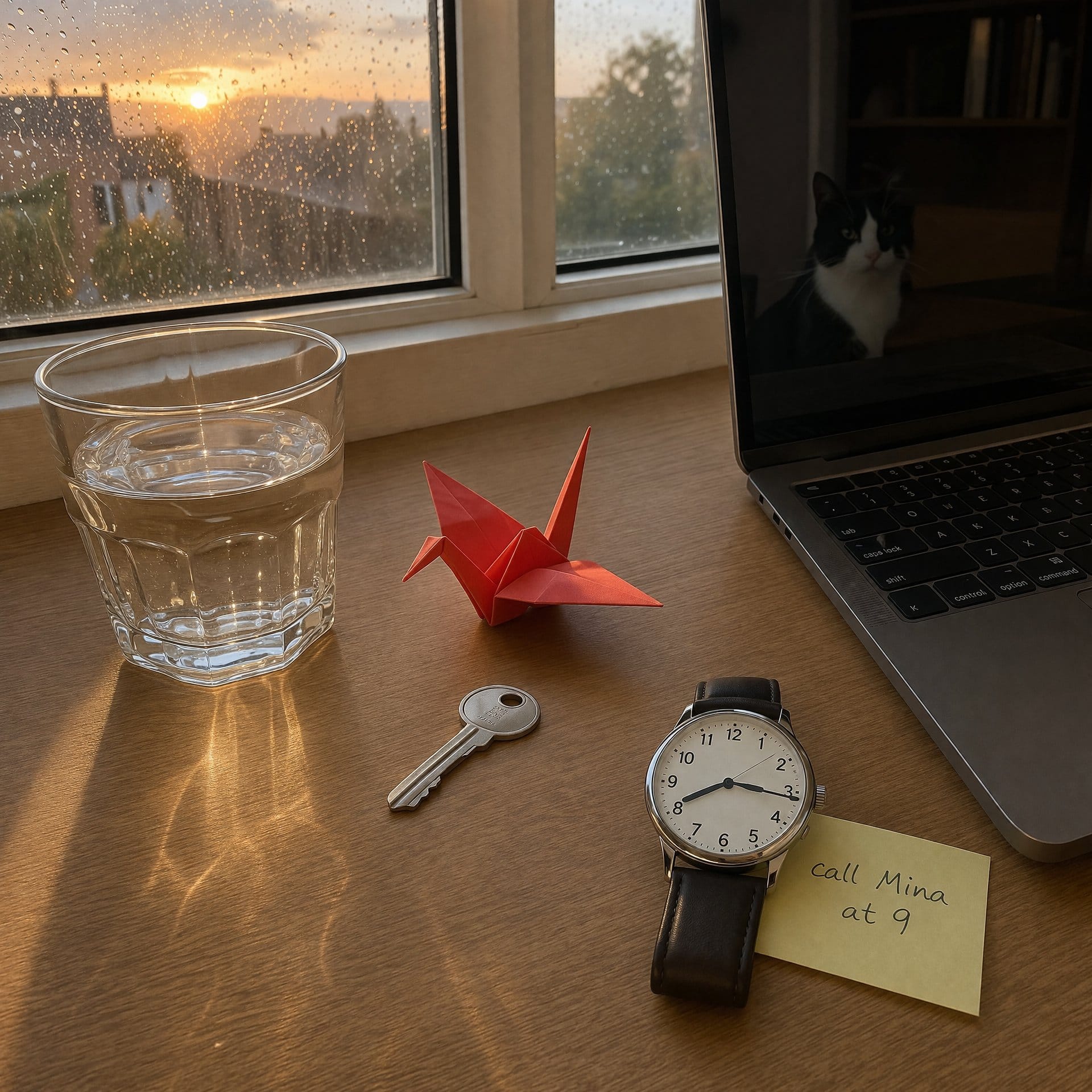 A desk scene generated by packingtape-alpha. Notice the watch hands correctly pointing to 9, matching the sticky note that reads "call Mina at 9." The glass reflections, wet window, and paper crane shadows all came from a single prompt. Shared by @Angaisb_.