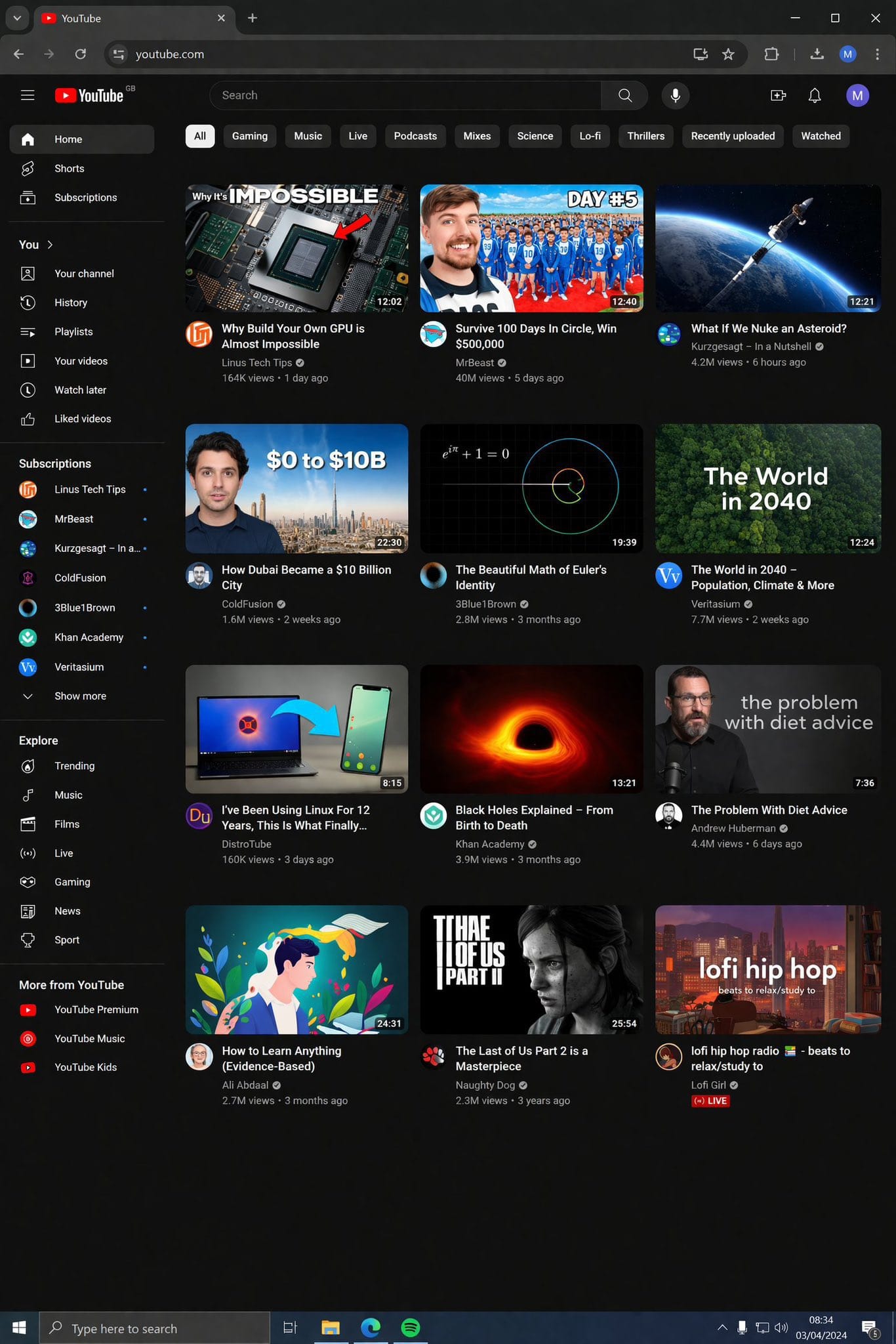 A fully rendered YouTube homepage.
