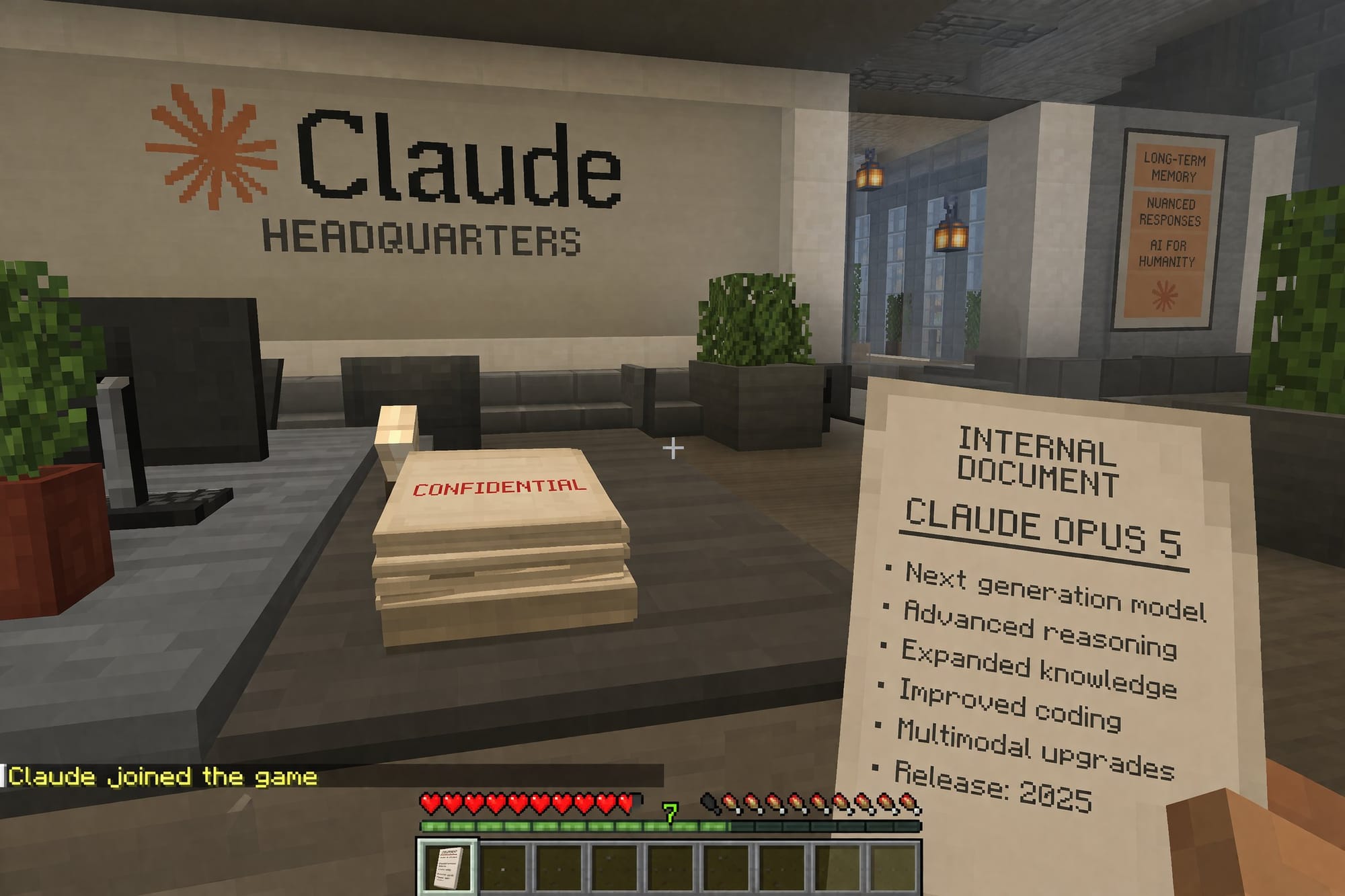 GPT-Image-2 prompted to build a Minecraft scene with a fake Claude Opus 5 internal document readable text, correct branding, one shot.