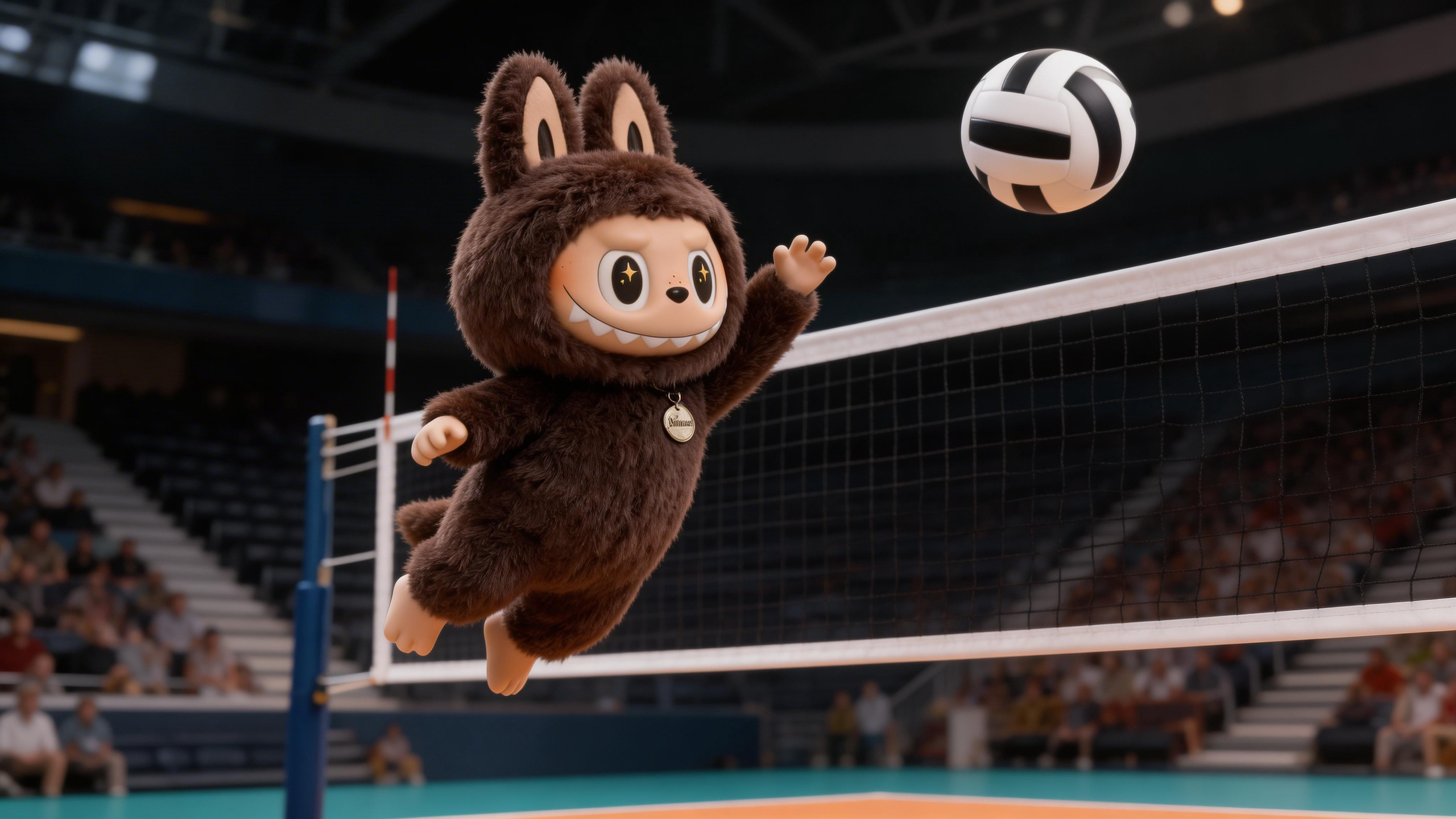 Labubu is shown in slow motion from a low angle, leaping high and hovering at the peak above the volleyball net.