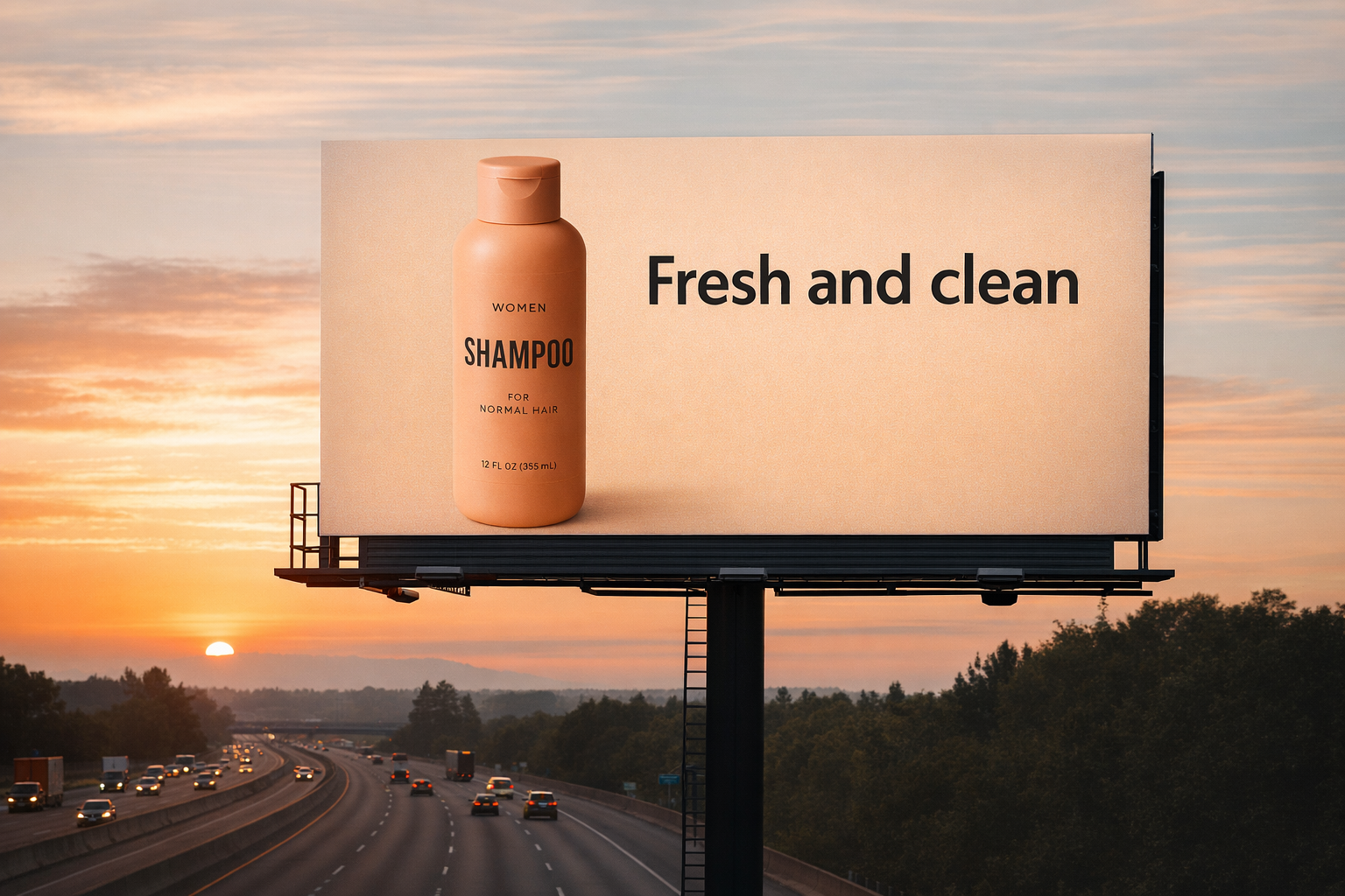 A highway billboard ad product label text, tagline, and photorealistic environment.
