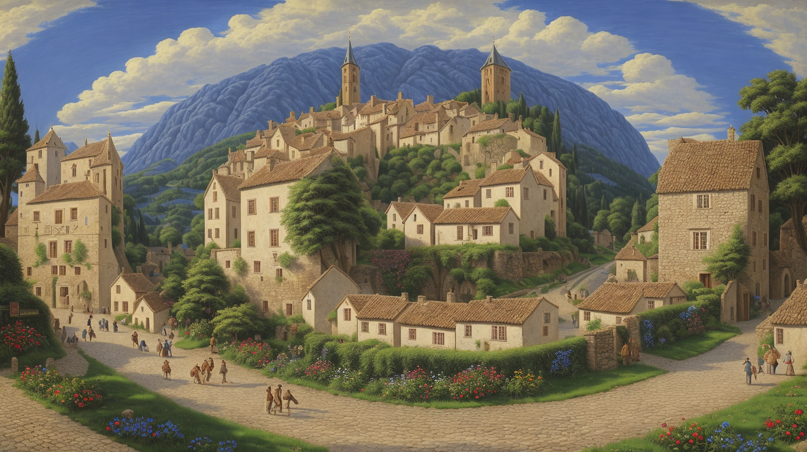 A photorealistic medieval village scene with a hilltop castle, generated using the Illusion Diffusion model on Eachlabs.