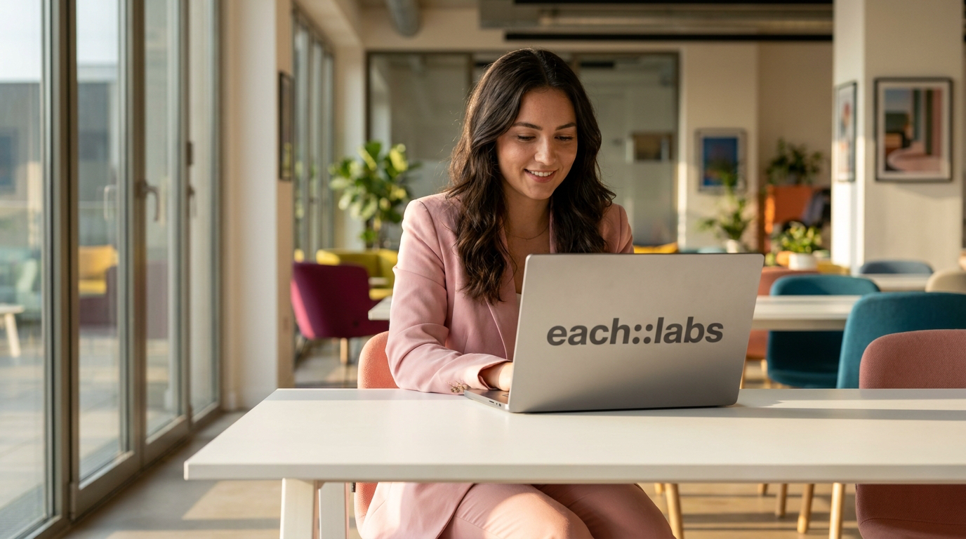 A woman working on her Eachlabs branded laptop in a modern co-working space.