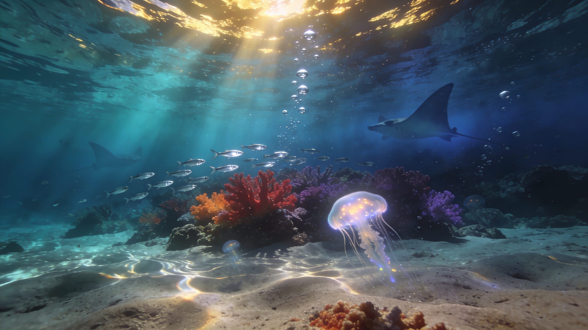 A glowing jellyfish drifts over a vivid coral reef as manta rays glide through the deep blue above, sunlight piercing the surface in golden rays.