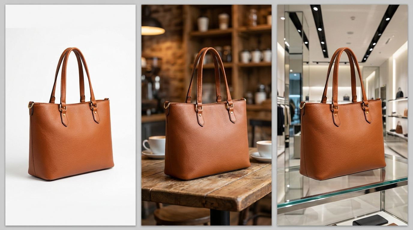 The same brown leather bag, shot across three completely different environments.
