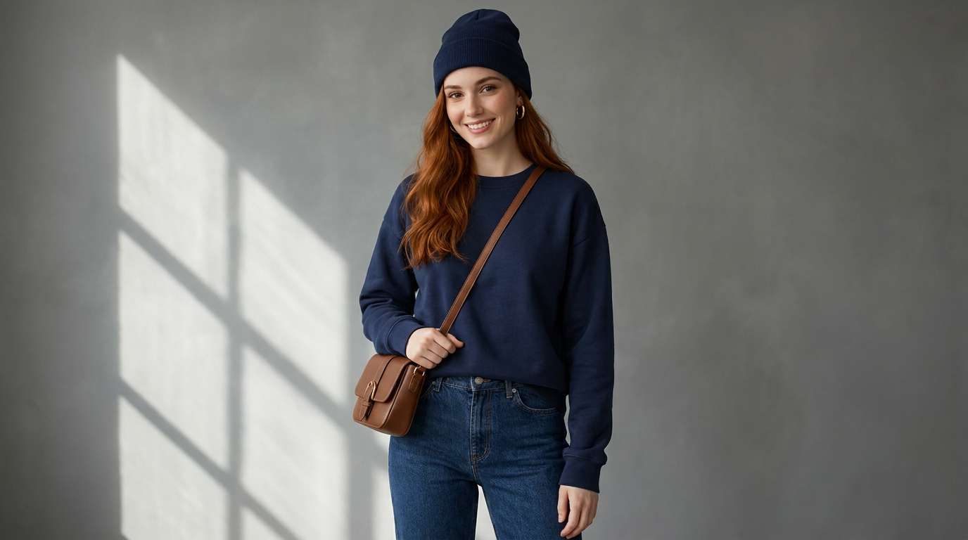 A woman wearing a navy sweatshirt, blue jeans, and a navy beanie, carrying a brown leather crossbody bag against a clean grey studio backdrop.