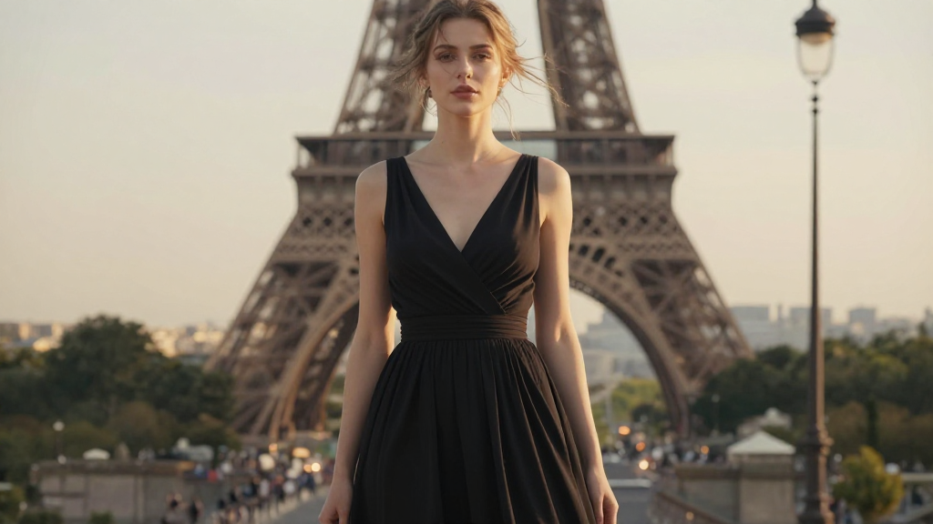 A model in a black dress standing in front of the Eiffel Tower at golden hour.