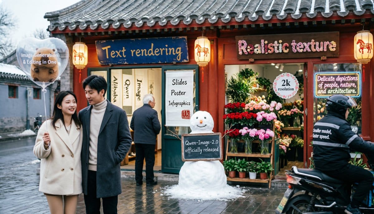A couple walking past a traditional Chinese street with shop signs reading "Text rendering" and "Realistic texture," a snowman holding a "Qwen-Image-2.0 officially released" sign, and a flower shop in the background.