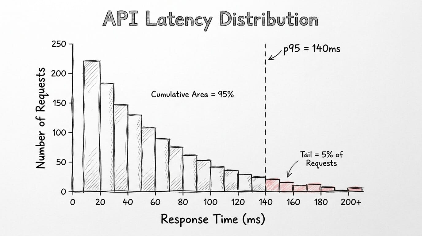 The slow tail that averages hide, visualized. 95% of requests finish before the line. The red bars are the 5% your dashboard never flags.