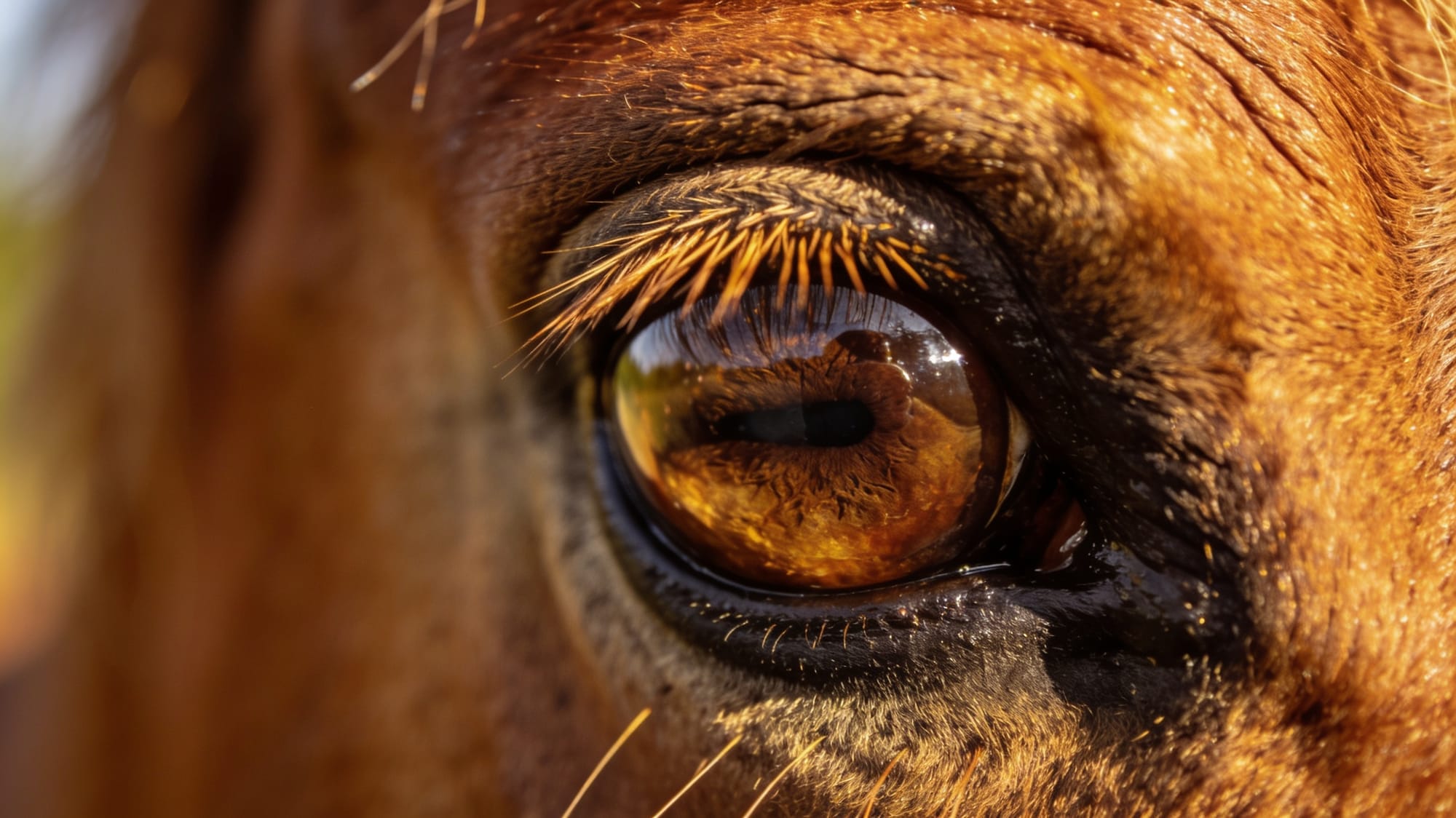 A macro close-up of a horse's eye, golden iris reflecting the landscape, every lash and texture razor-sharp.