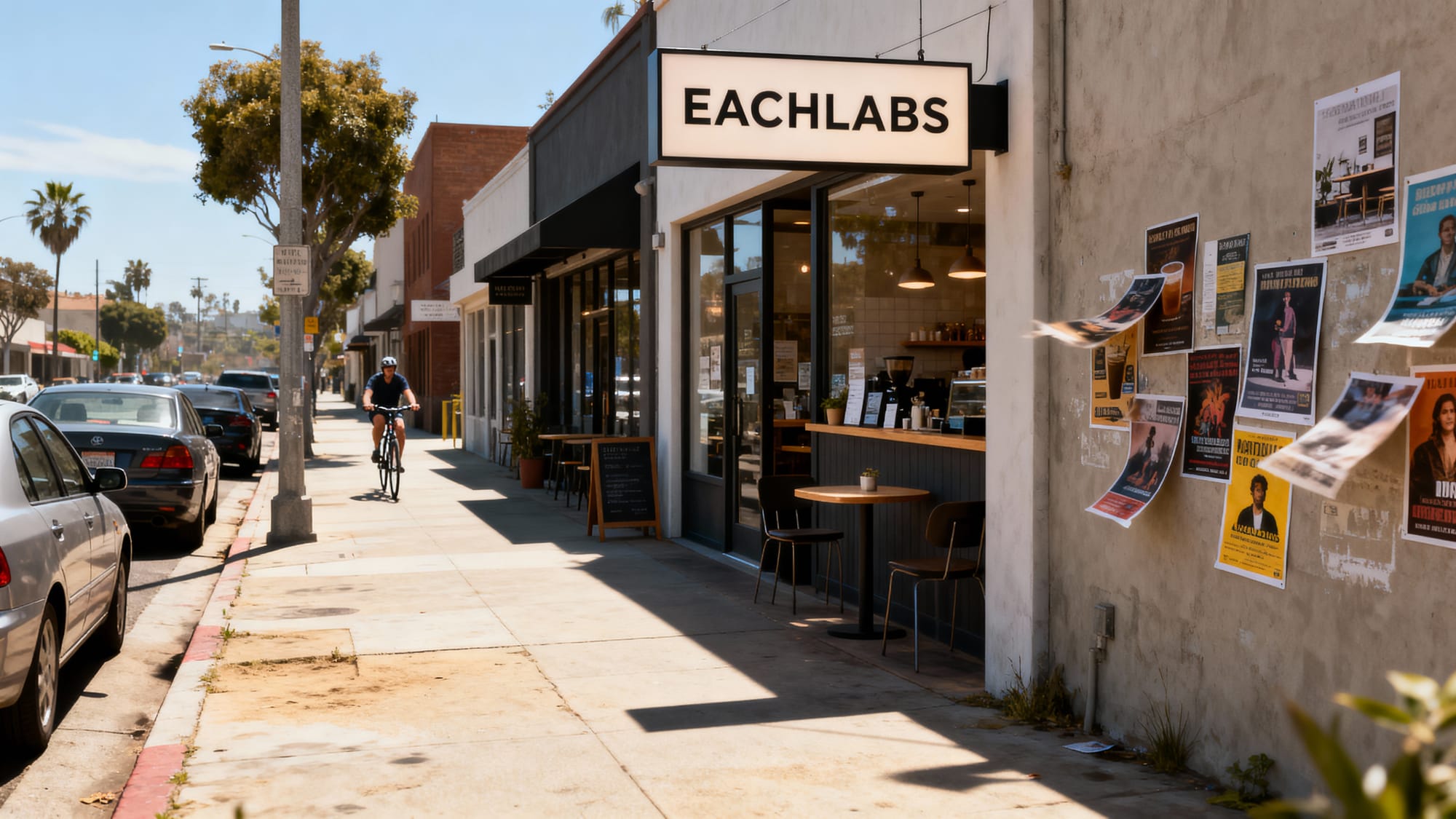 A sunny LA street with a modern café storefront bearing the bold "EACHLABS" sign, outdoor seating, and colorful posters on the side wall.