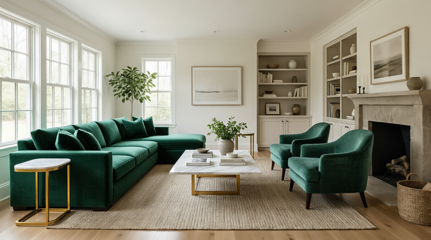 A bright living room with a dark green velvet sectional sofa, matching armchairs, a marble coffee table with gold legs, and a fireplace.
