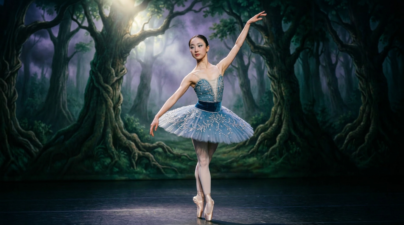 A ballerina in a blue embroidered tutu performs on stage, one arm raised, balancing on pointe in front of a dramatic dark enchanted forest backdrop with twisted trees and soft purple light breaking through the canopy..
