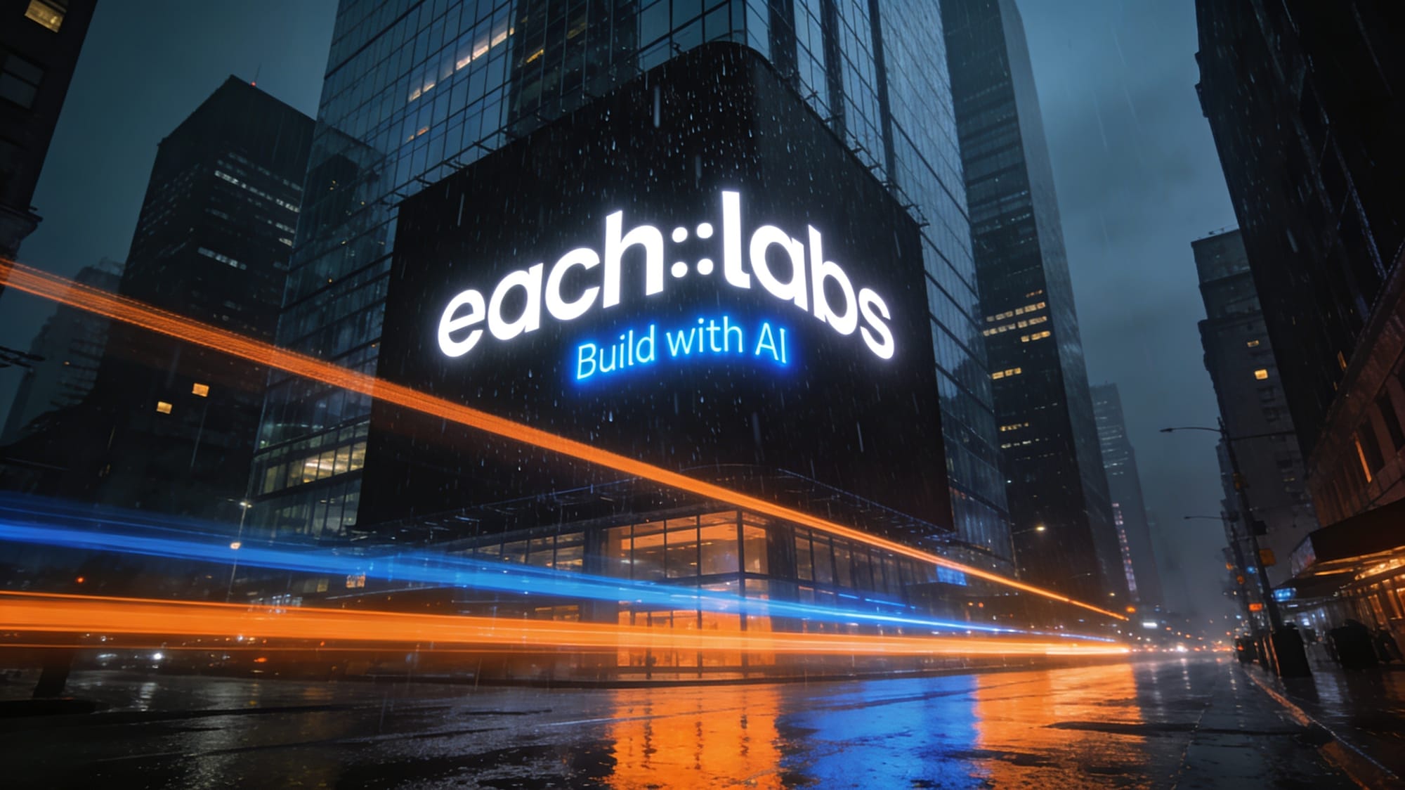 The each::labs billboard lights up a rainy city night — "Build with AI" glowing in electric blue, orange light trails streaking across wet streets below.