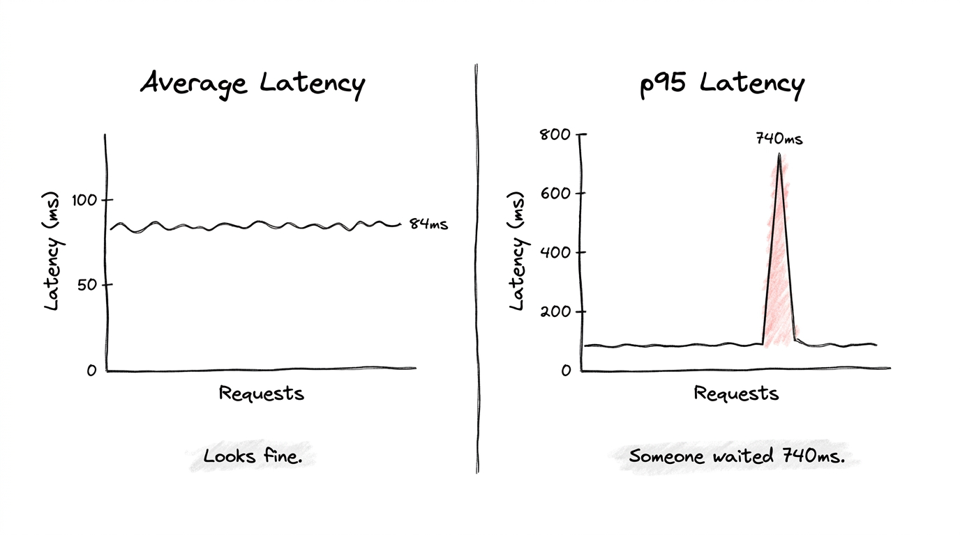 Same data. Average says 84ms, everything looks fine. p95 says someone waited 740ms.