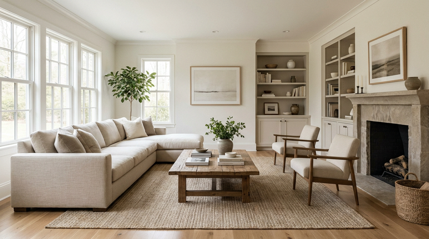 A bright living room with a beige sectional sofa, wooden coffee table, armchairs, and a fireplace.