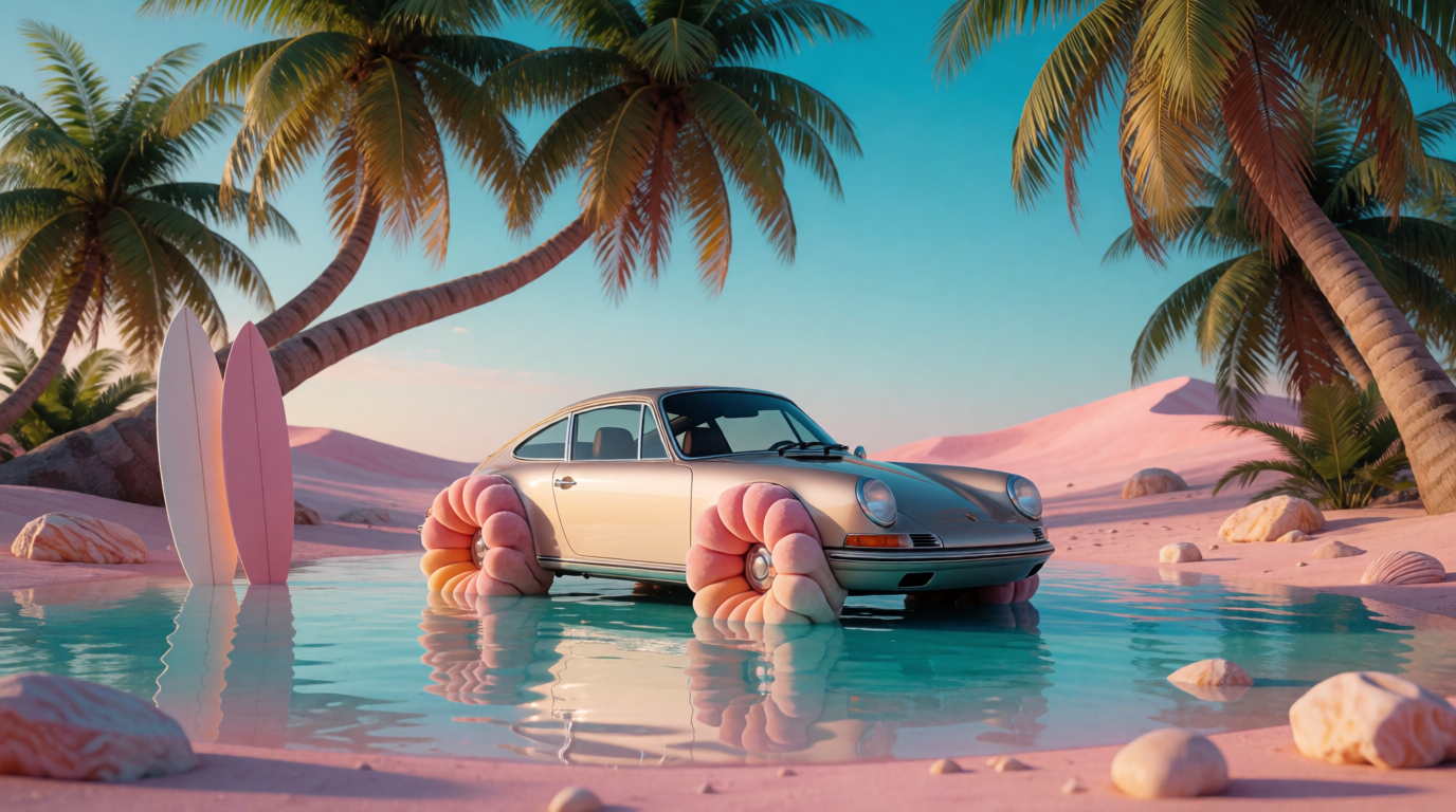 Dreamlike retro-futuristic coastline in the middle of a desert, champagne Porsche 911 parked beneath towering curved palm trees with oversized plush coral wheels partially submerged in reflective turquoise water.