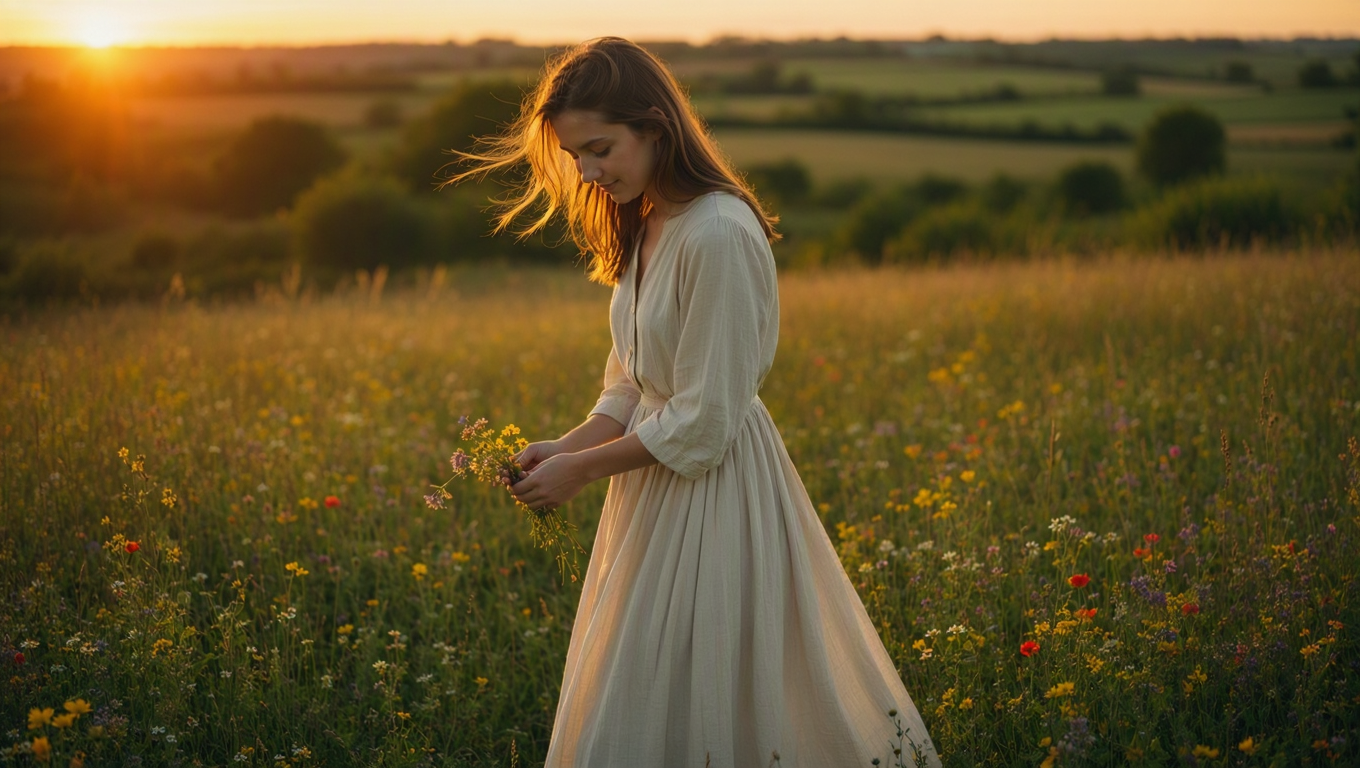 Cinematic scene of a young woman gently collecting wildflowers in a sunlit meadow during golden hour, flowing dress moving softly in the wind.