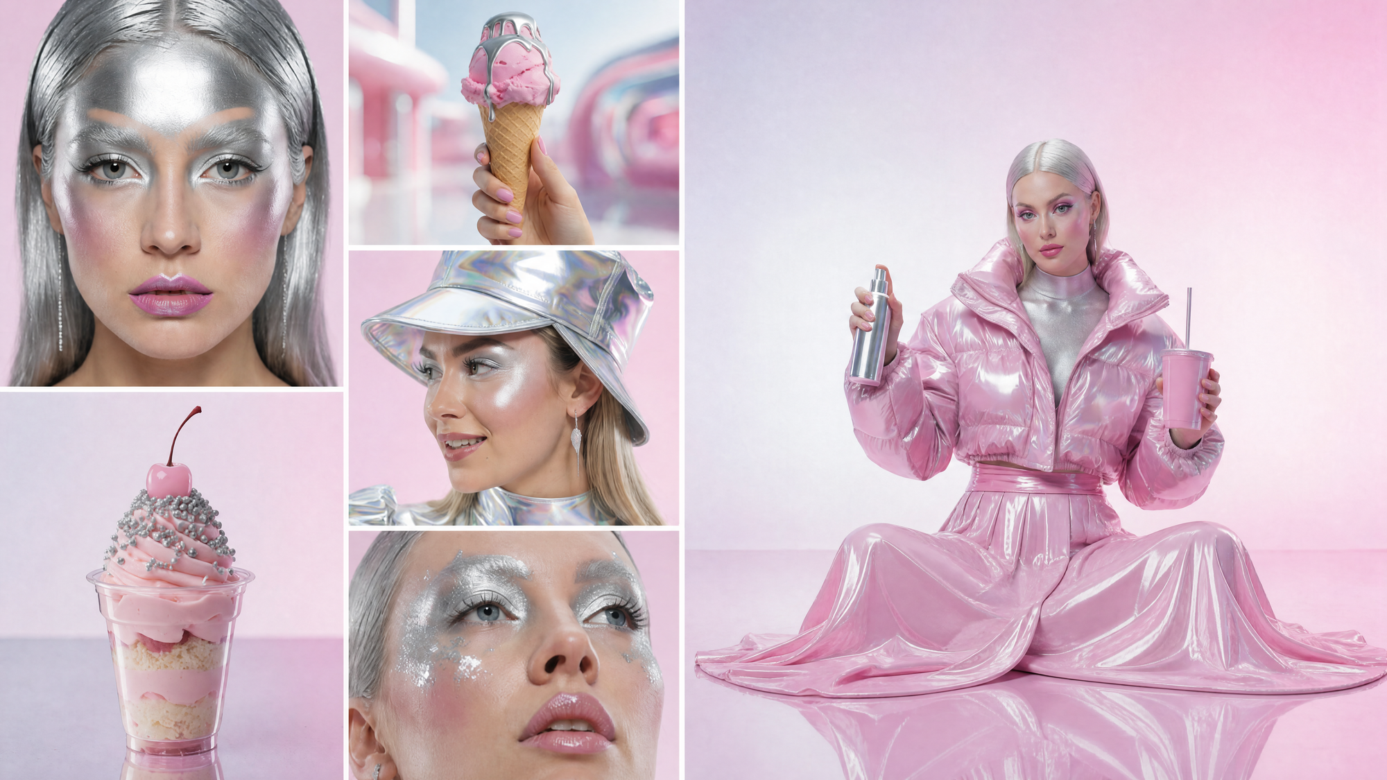 Moodboard of pink and metallic-silver fashion and beauty images sharing one cohesive aesthetic