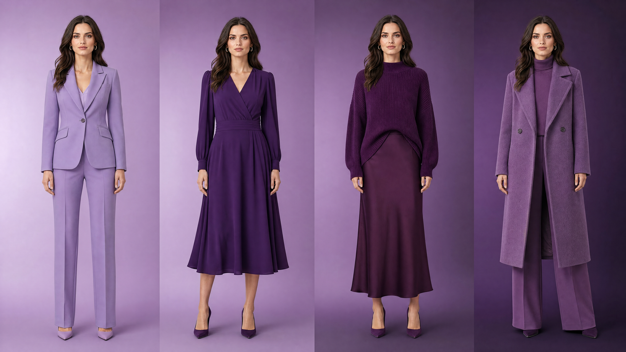 A professional fashion catalog layout: four full-length studio shots of the same female model placed side by side, identical face, hairstyle, and neutral standing pose in each. In each shot she wears a different complete purple outfit