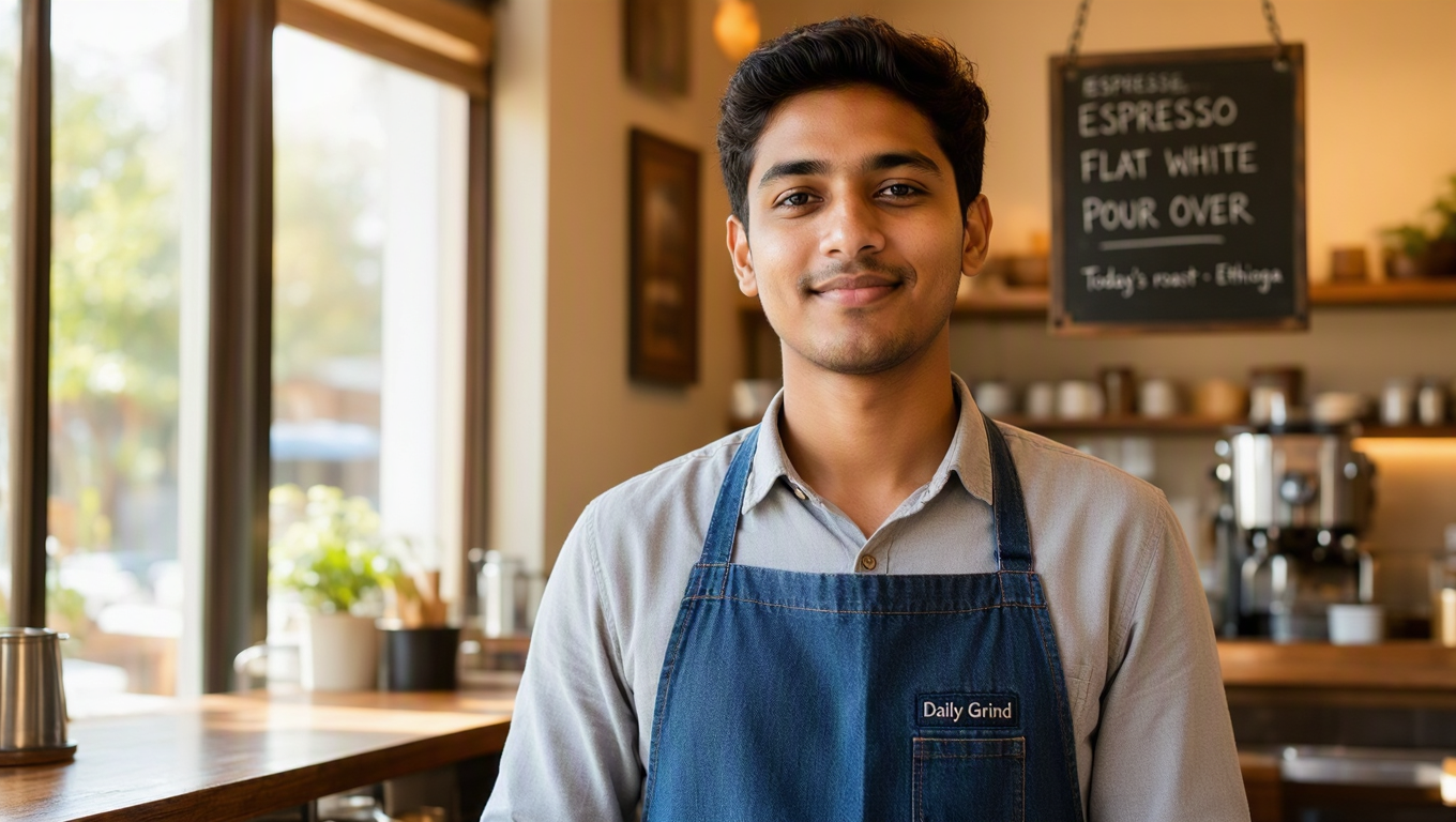 A portrait of a young barista standing behind a café counter in warm morning light, realistic skin texture, gentle smile, looking toward the camera. He wears a denim apron with a small embroidered chest patch reading "Daily Grind".