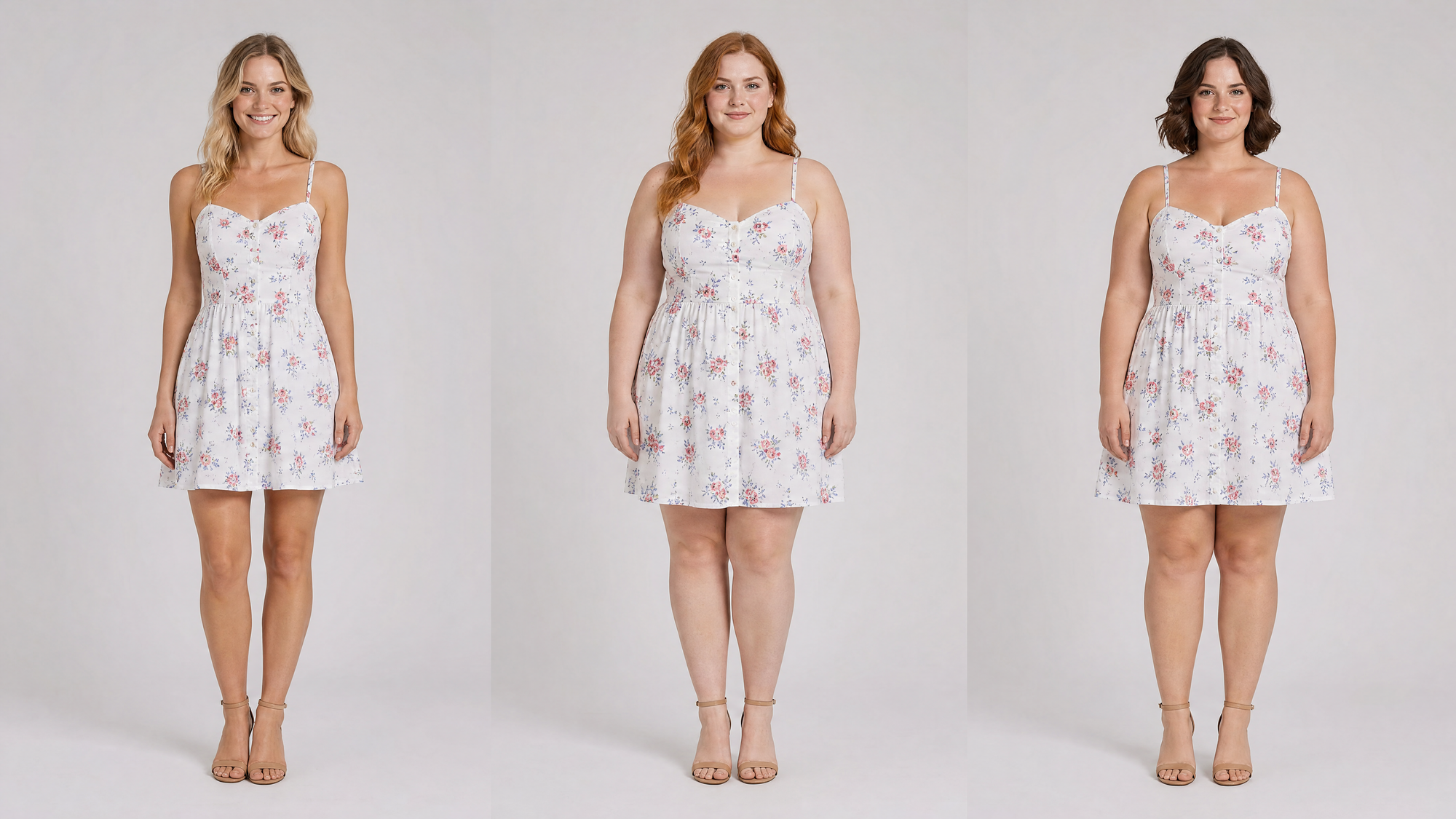 The same floral summer dress shown on three women of different body types against an identical studio background