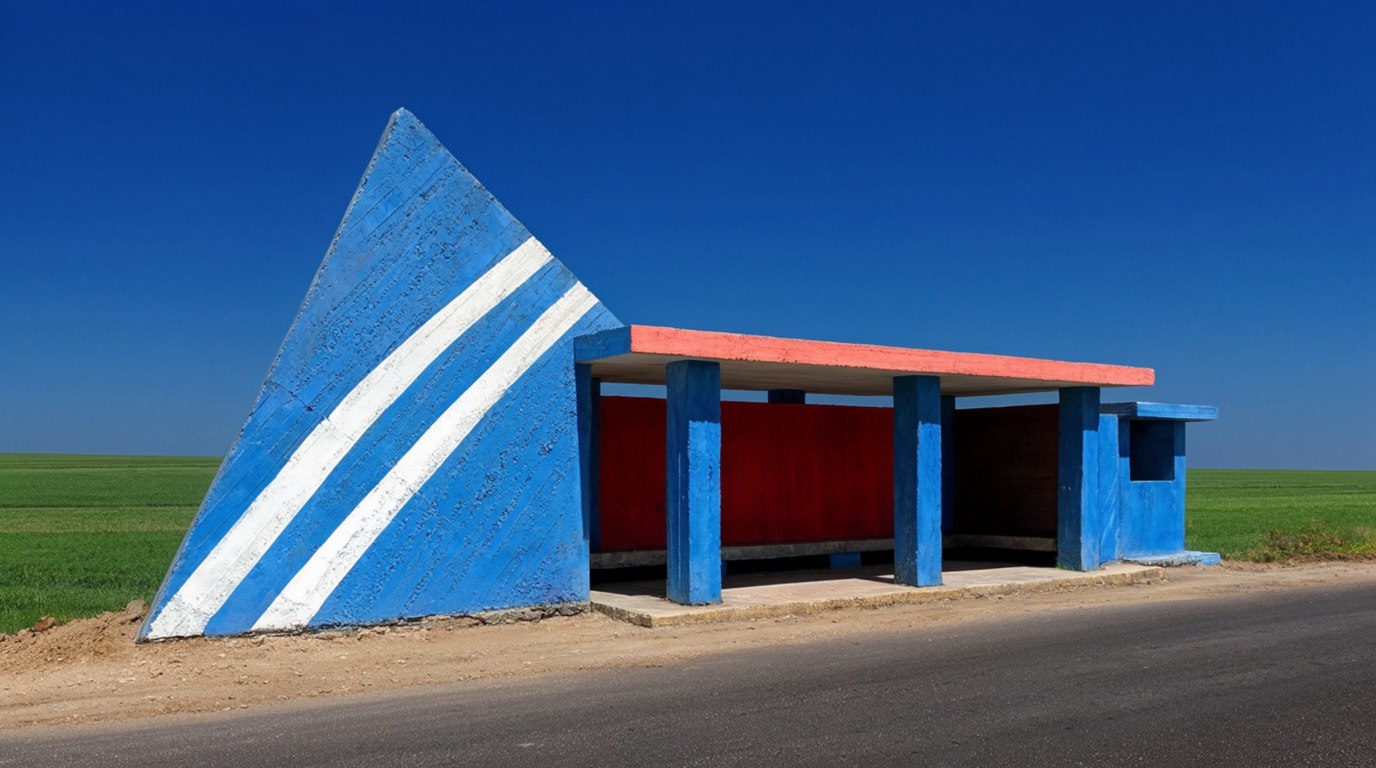 A colorful brutalist bus stop structure sits along a quiet asphalt road beneath a cloudless cobalt sky. 