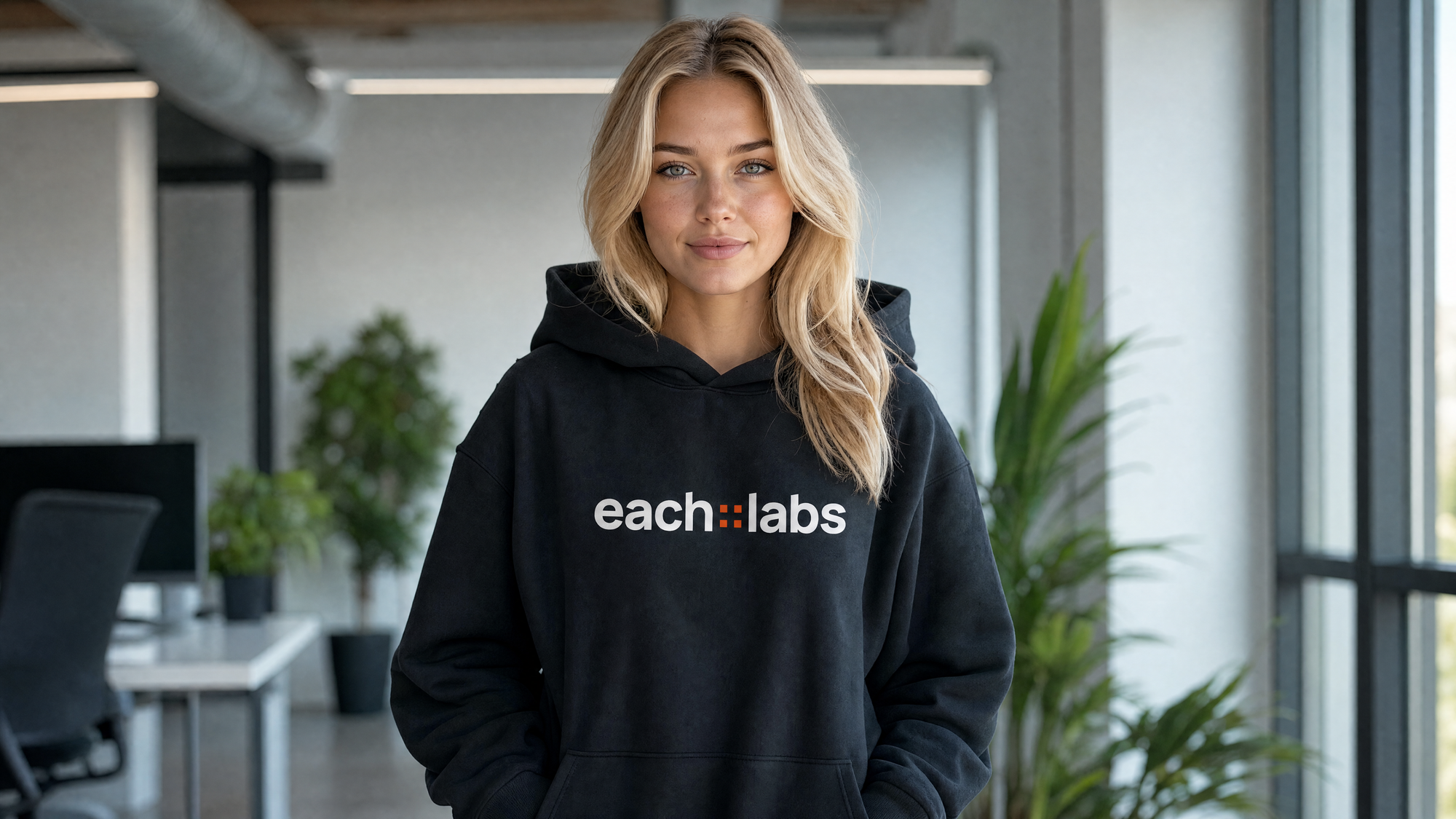 Create a hyper-realistic brand-streetwear-themed portrait of a woman standing front-facing in a clean modern office with a soft neutral lighting.