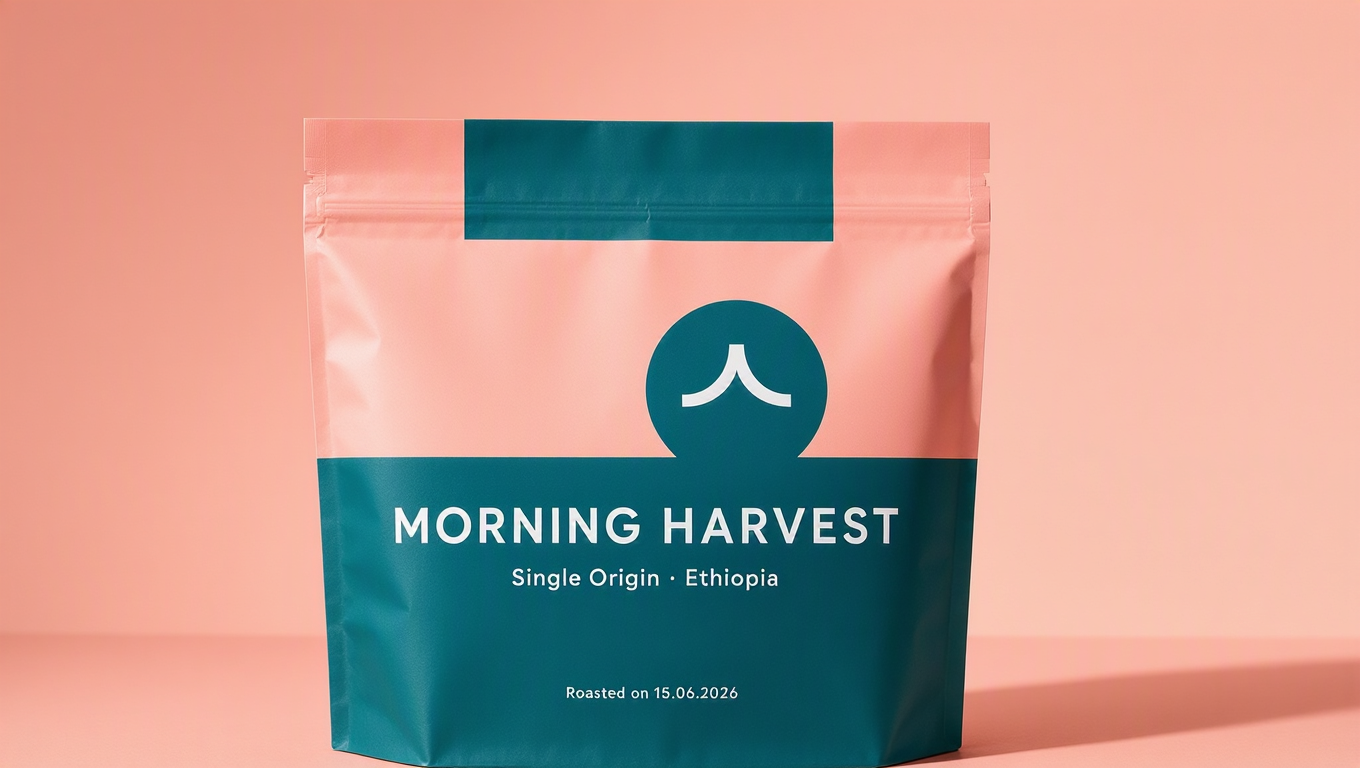 A photorealistic coffee bag in a bold deep-teal matte finish on a peach-pink seamless studio backdrop, bright punchy lighting, playful modern brand aesthetic. Crisp white printed typography, fully legible: large uppercase "MORNING HARVEST", "Single Origin · Ethiopia", small "Roasted on 15.06.2026". Vibrant high-contrast product shot, clean and contemporary.