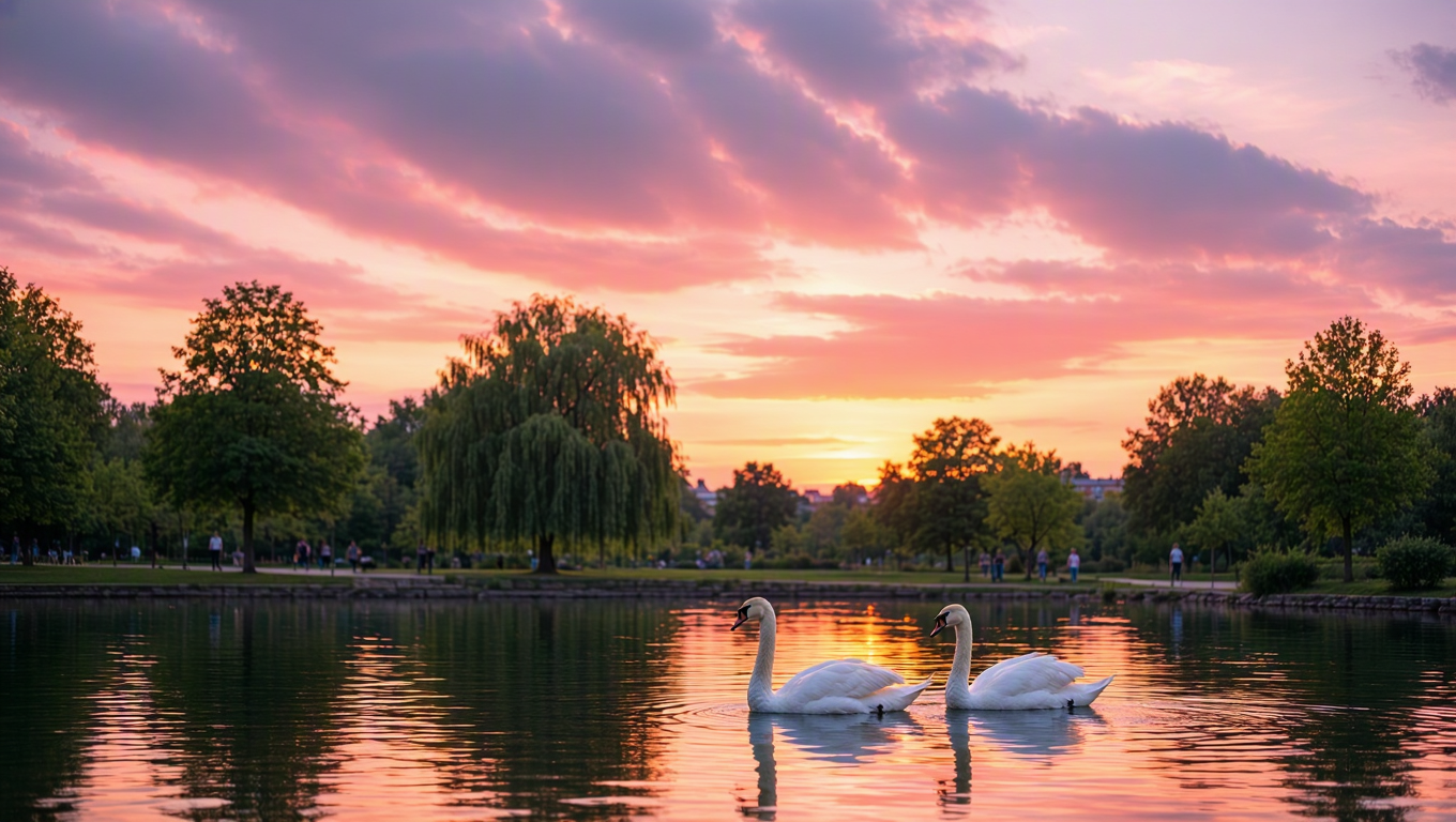 A photoreal vertical landscape of a calm city park lake at sunset, the sky filled with dramatic pink, lavender and golden clouds glowing in the last light.